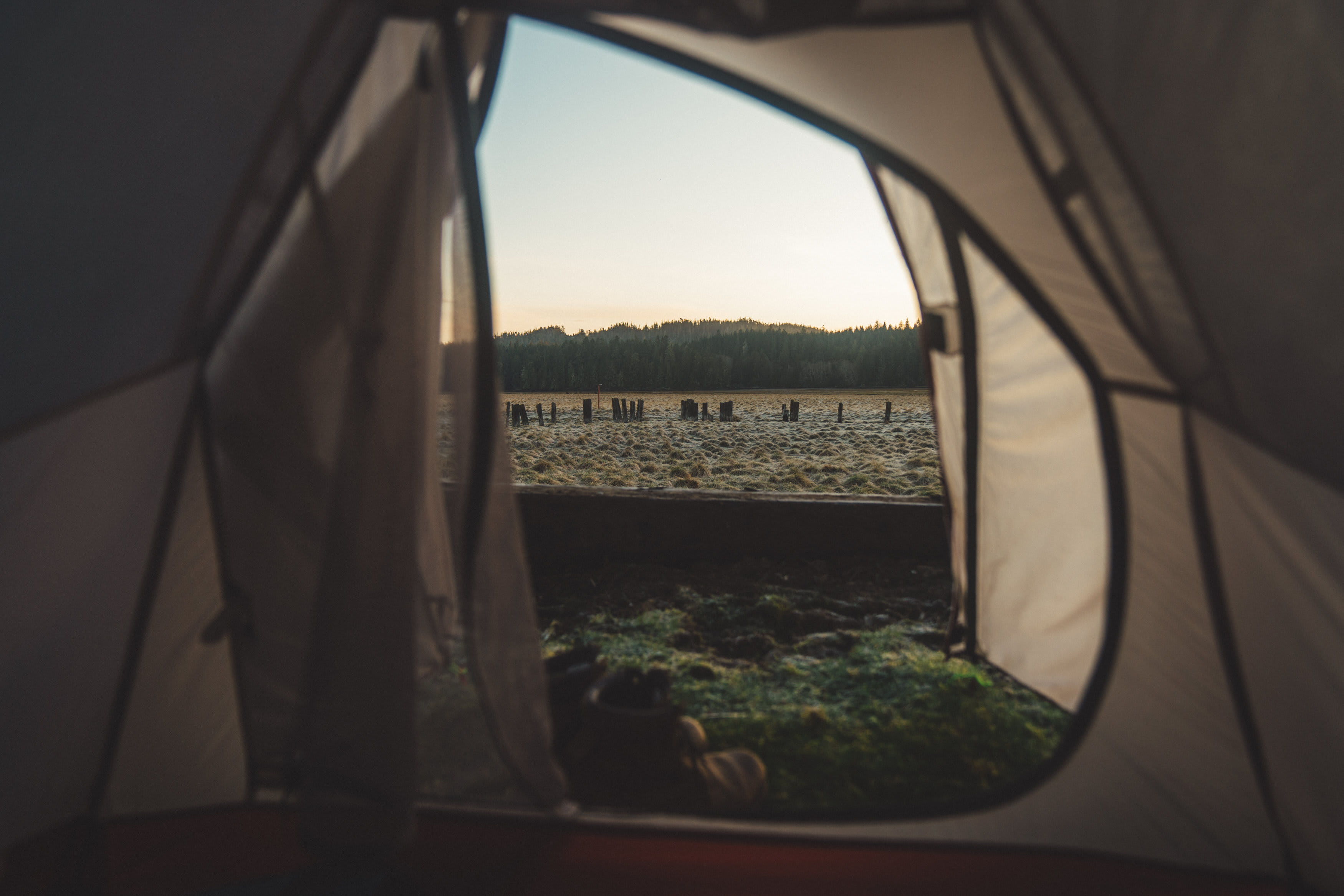 The estuary covered in morning frost as seen from my tent. 