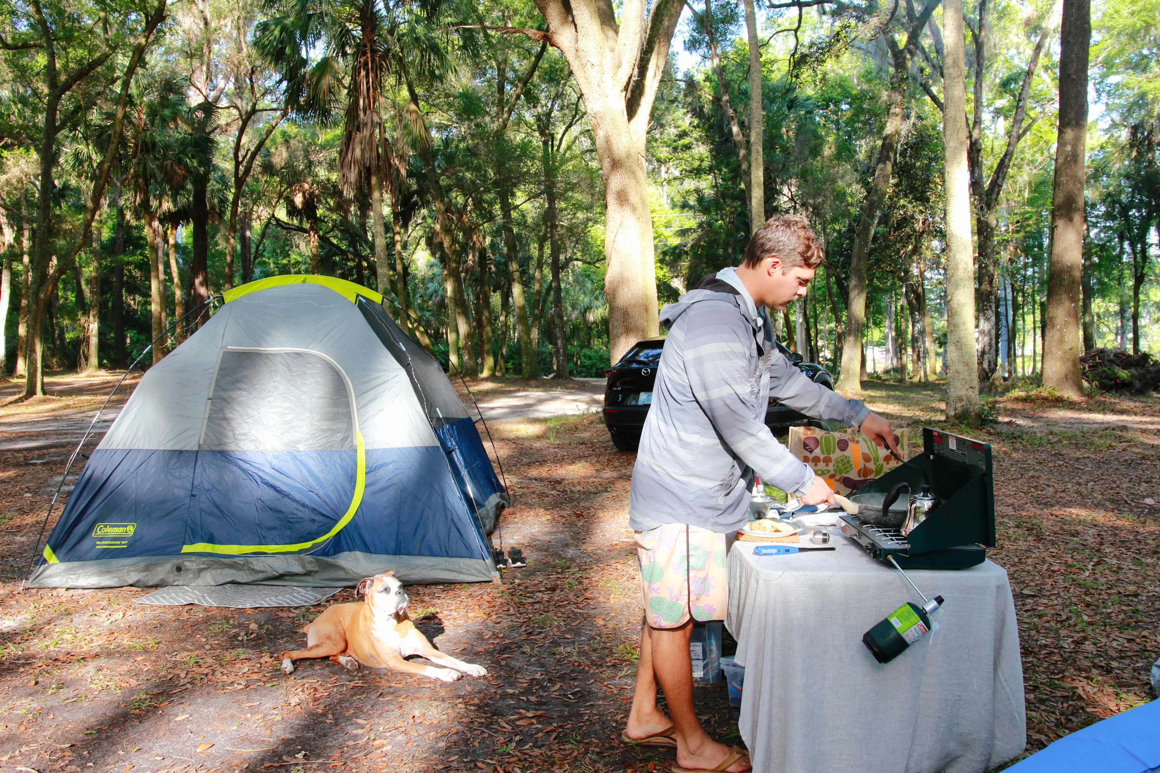 Cooking breakfast on site.