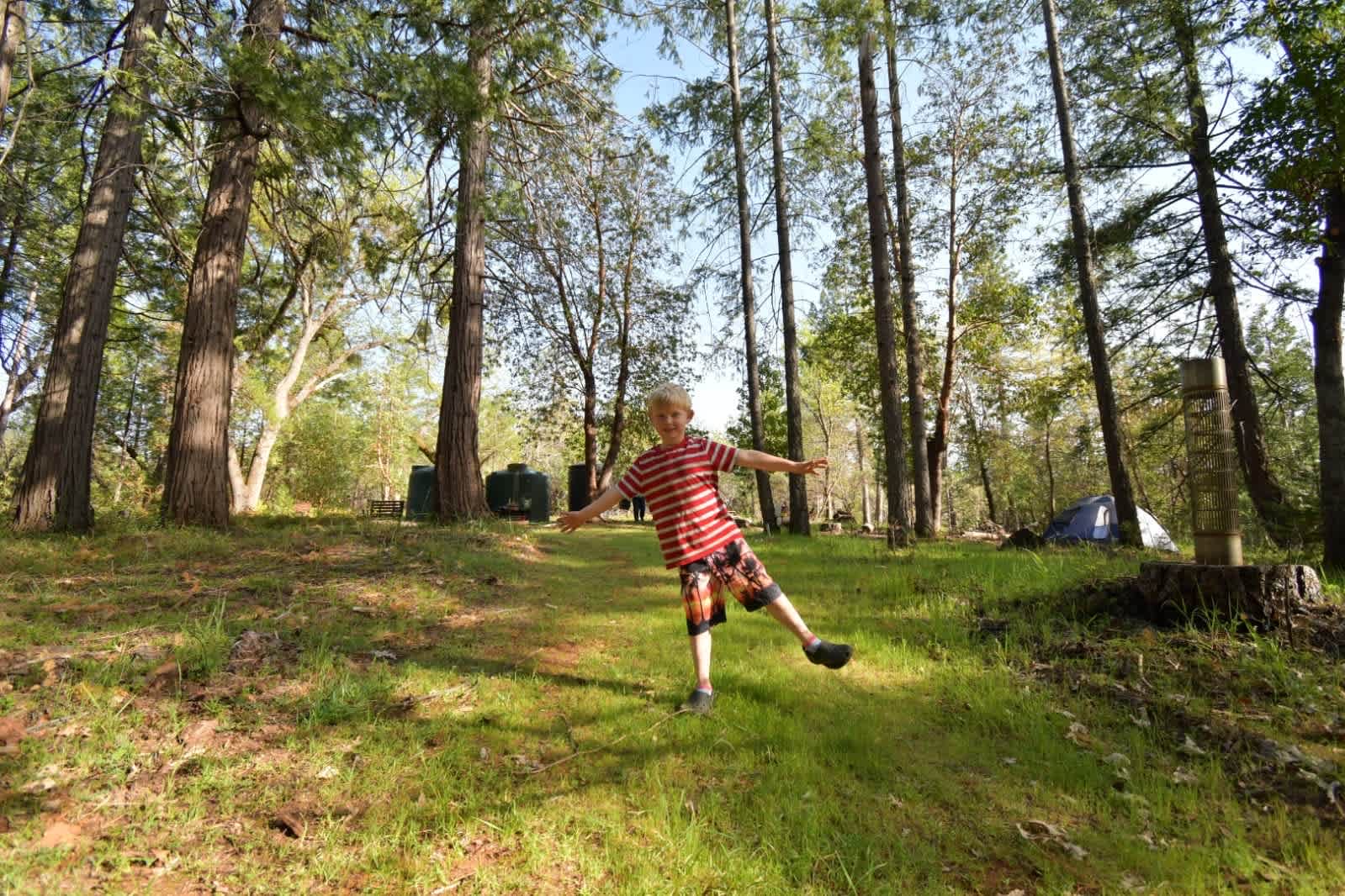 “Tanks” for the moon is a great place for kids. There are lots of play zones and I mown down the poison oak so it’s not too bad. Family are welcome to play on our trampoline and sand area.


