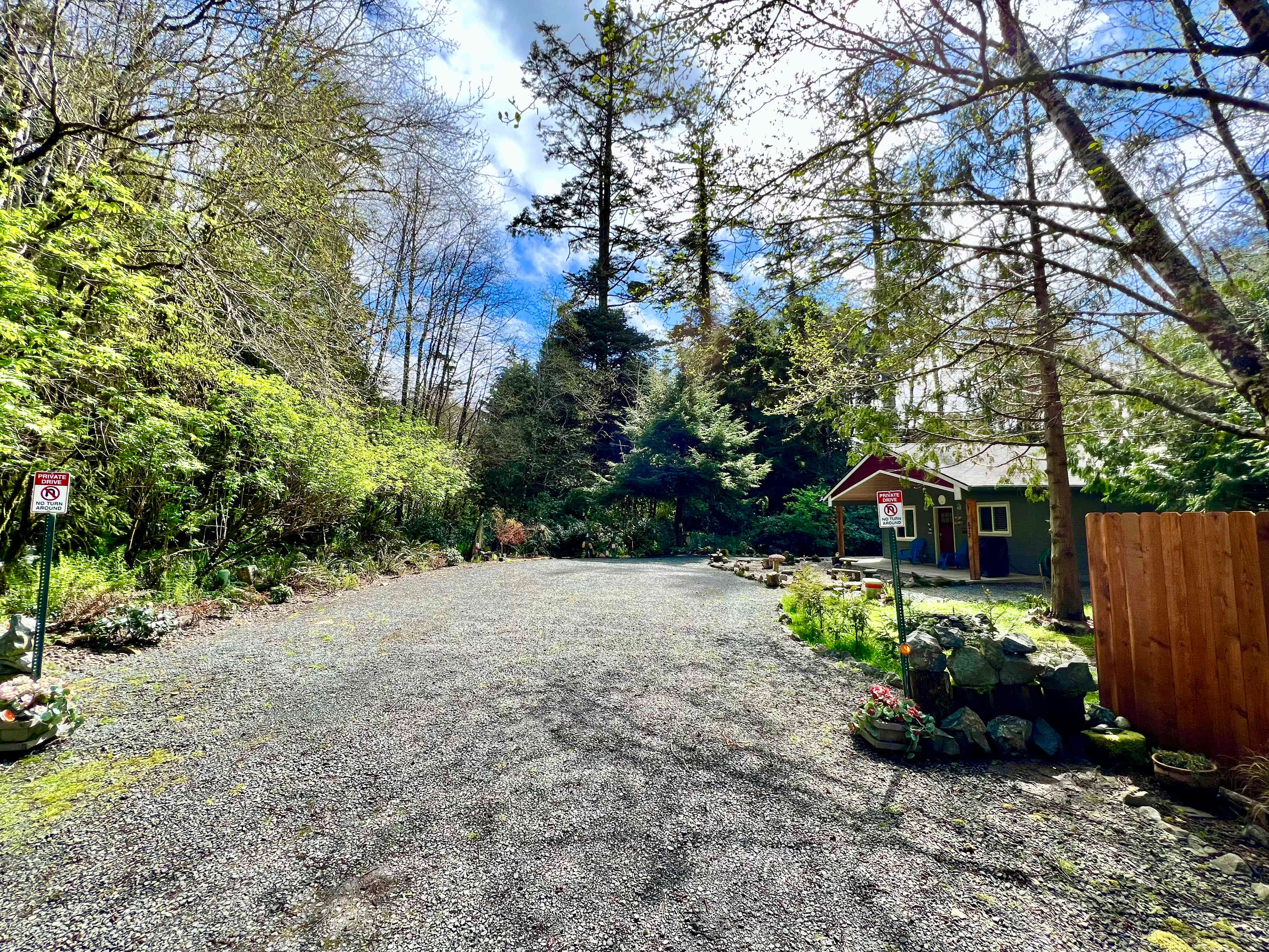 Property at end of dead end street, bordered by forest and hundred year old trees