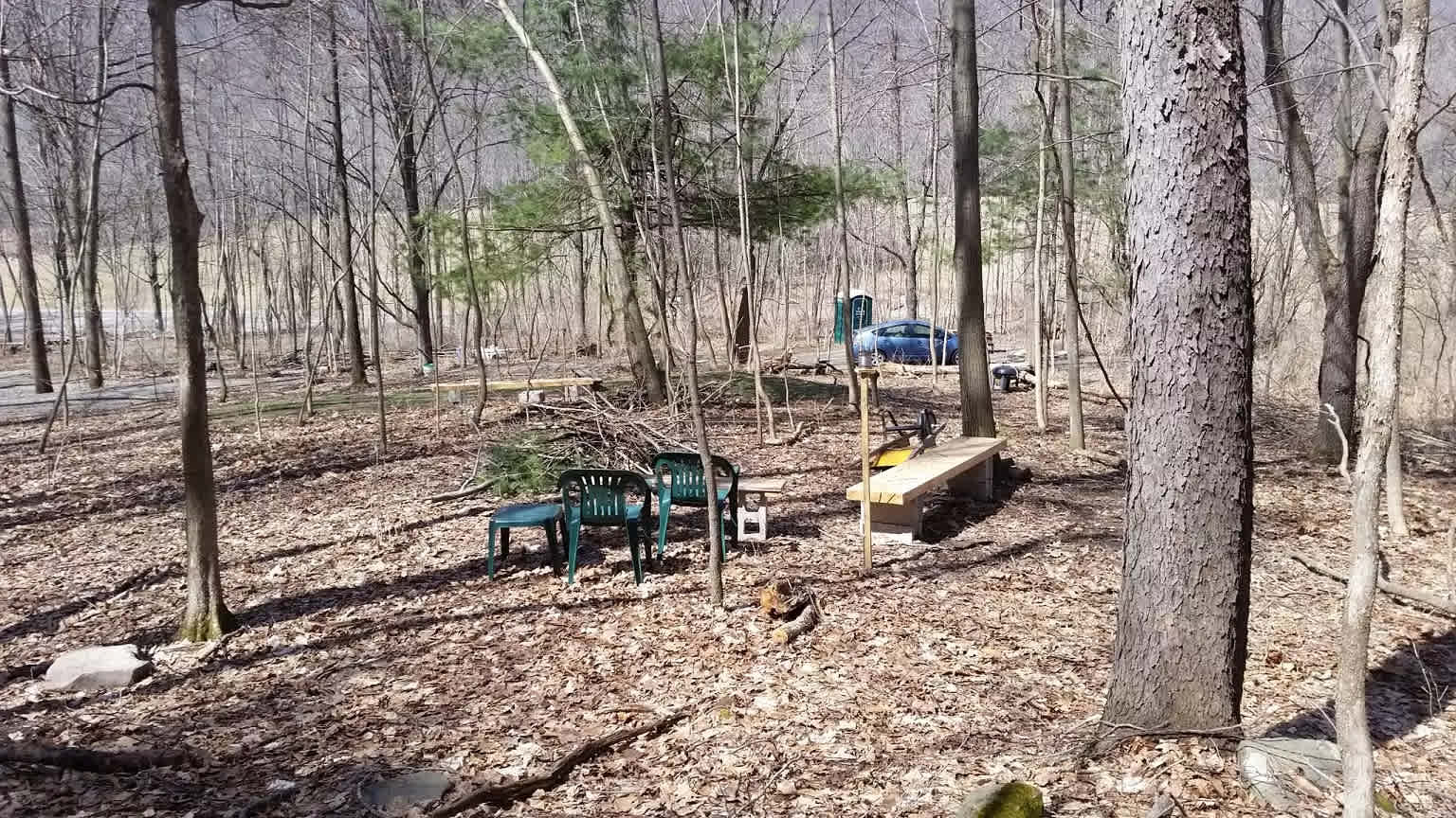 SITE #2 "Base Camp". Close to parking and port a potty. Fire ring and benches. 