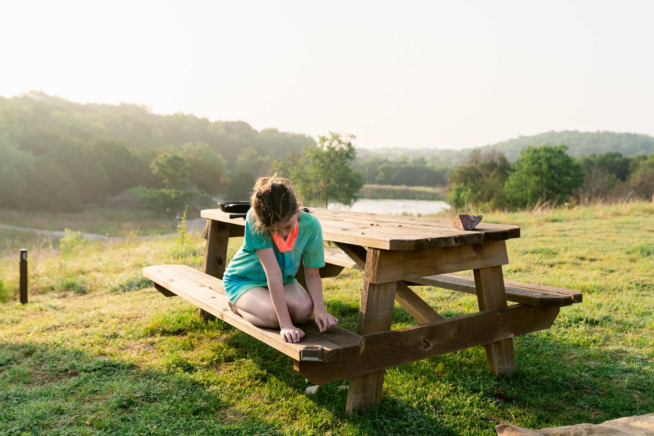 Big, sturdy, clean picnic table is big enough to spread out.