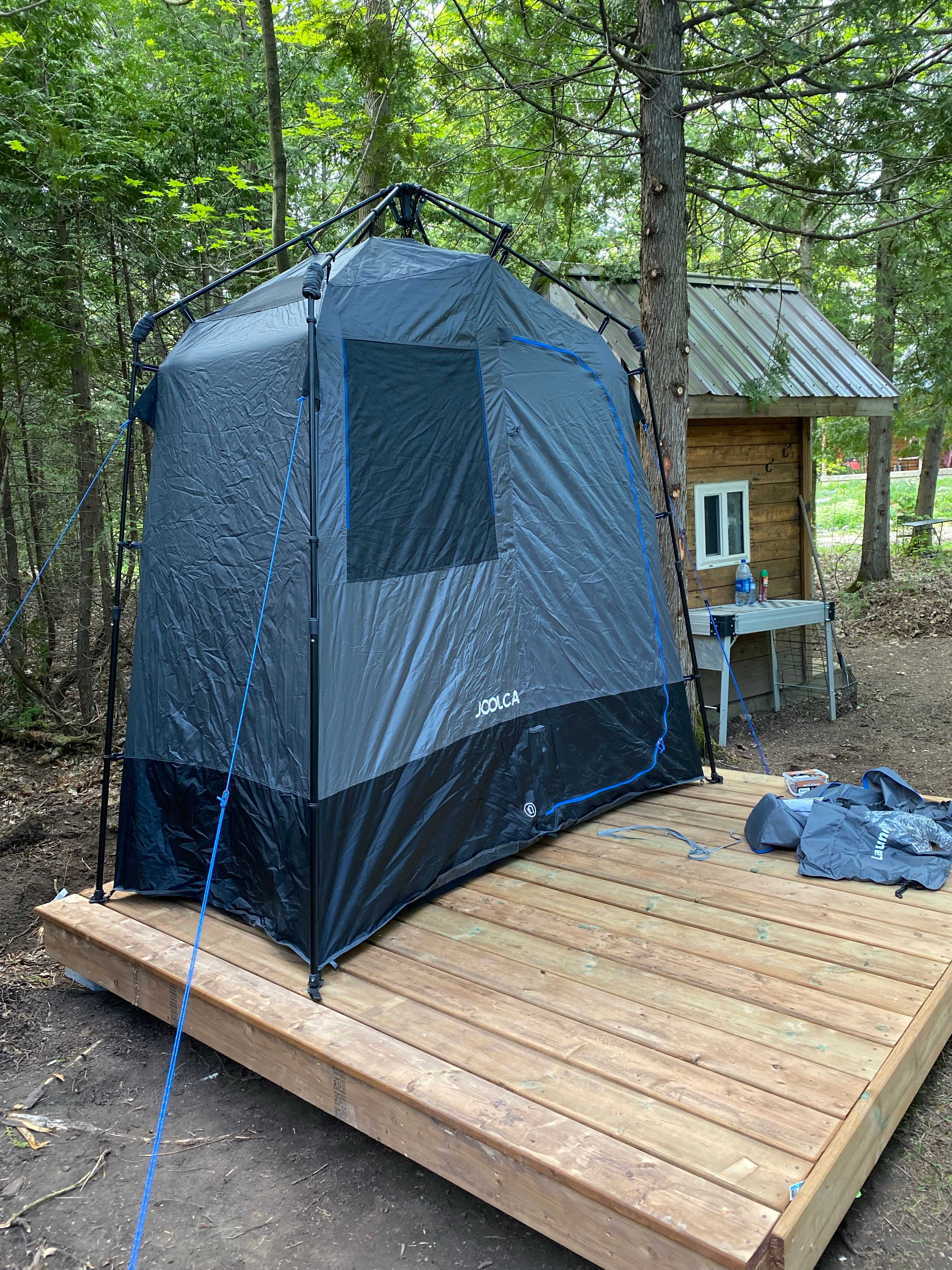 Outdoor shower with hot water.