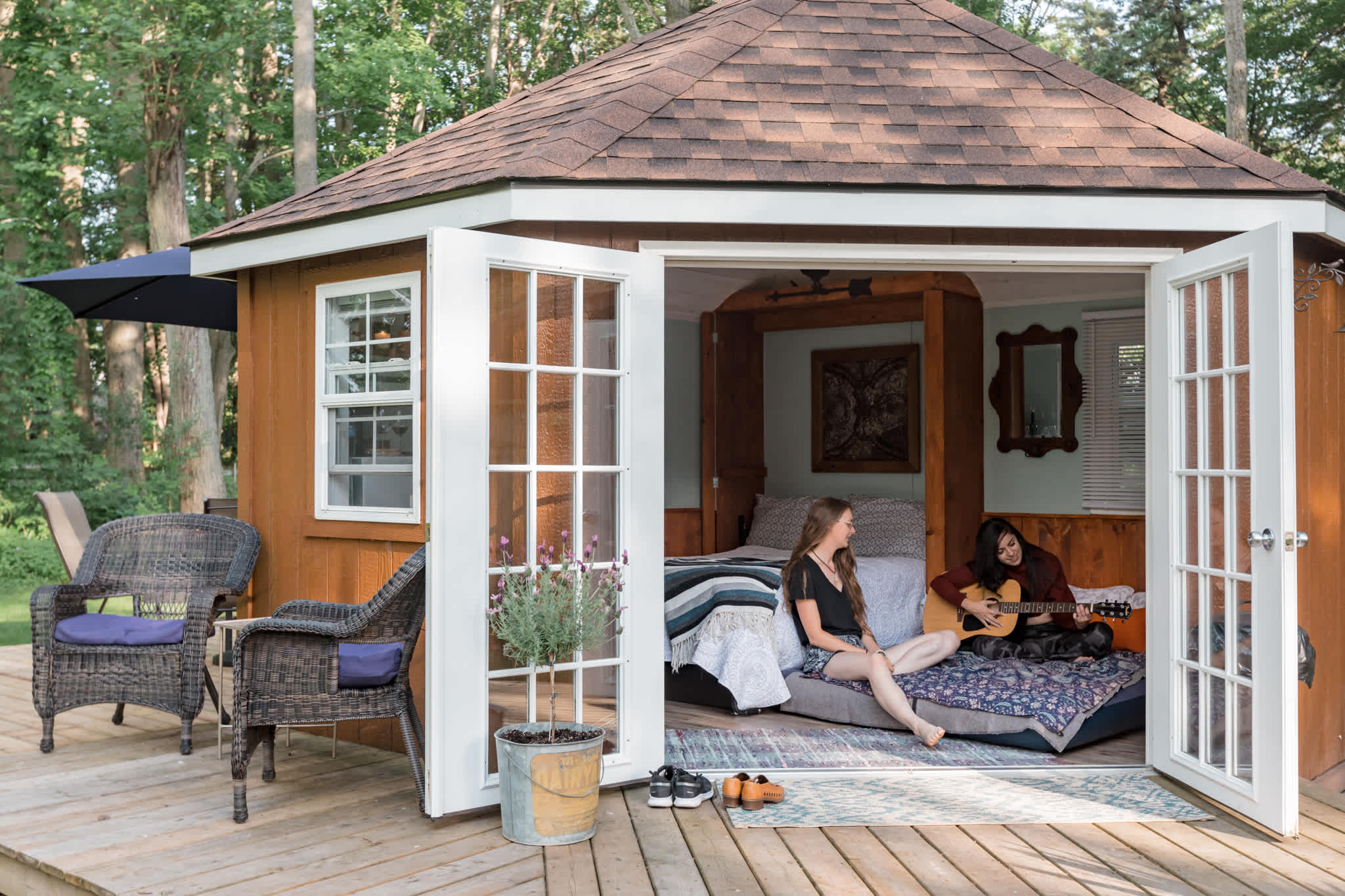 Cabin comfortably fits a queen size air mattress for kiddos or additional sleeping space. 