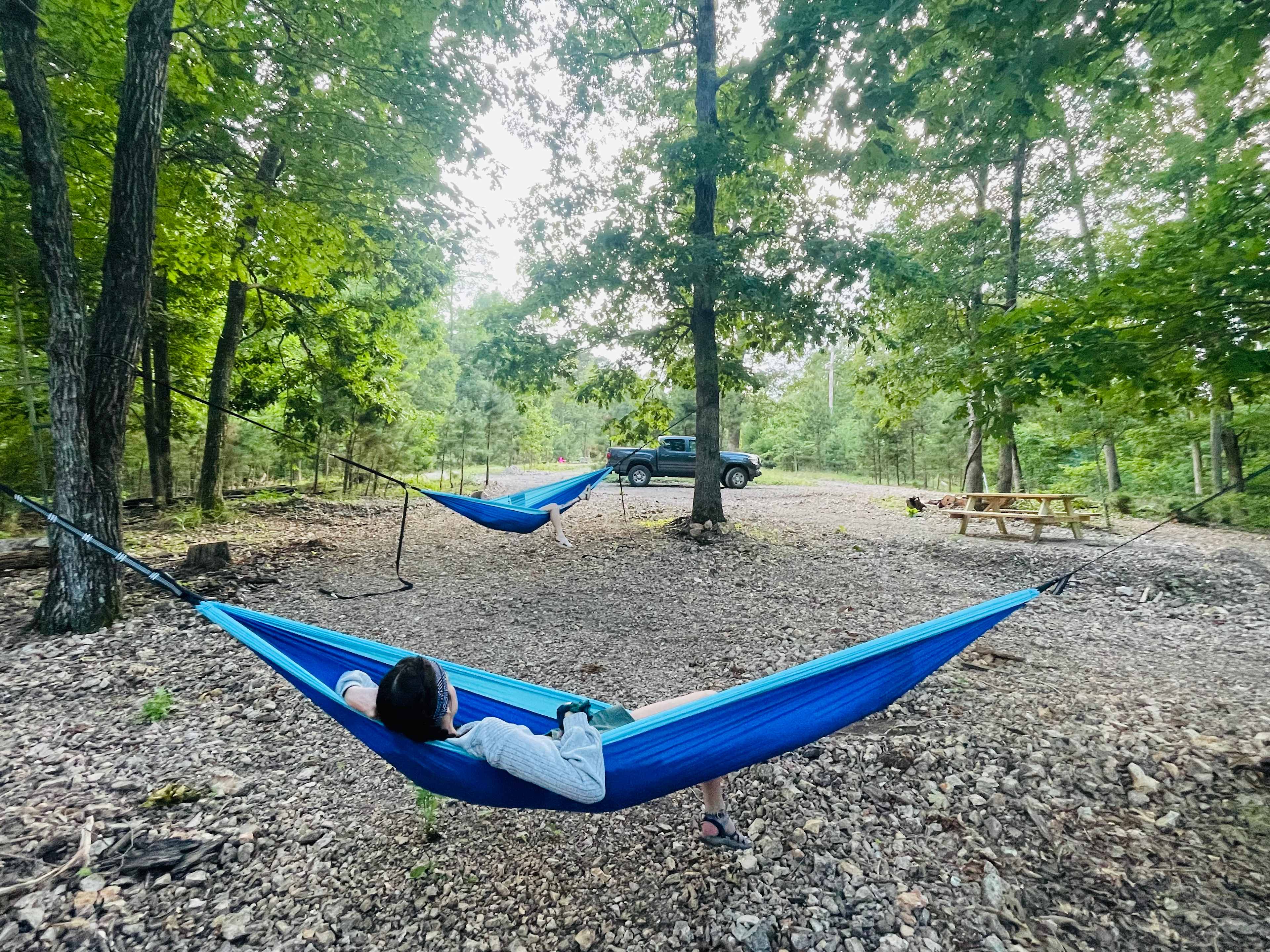 Campsite #2. Spacious, and shaded! Hammocks available to rent for $5 per night.