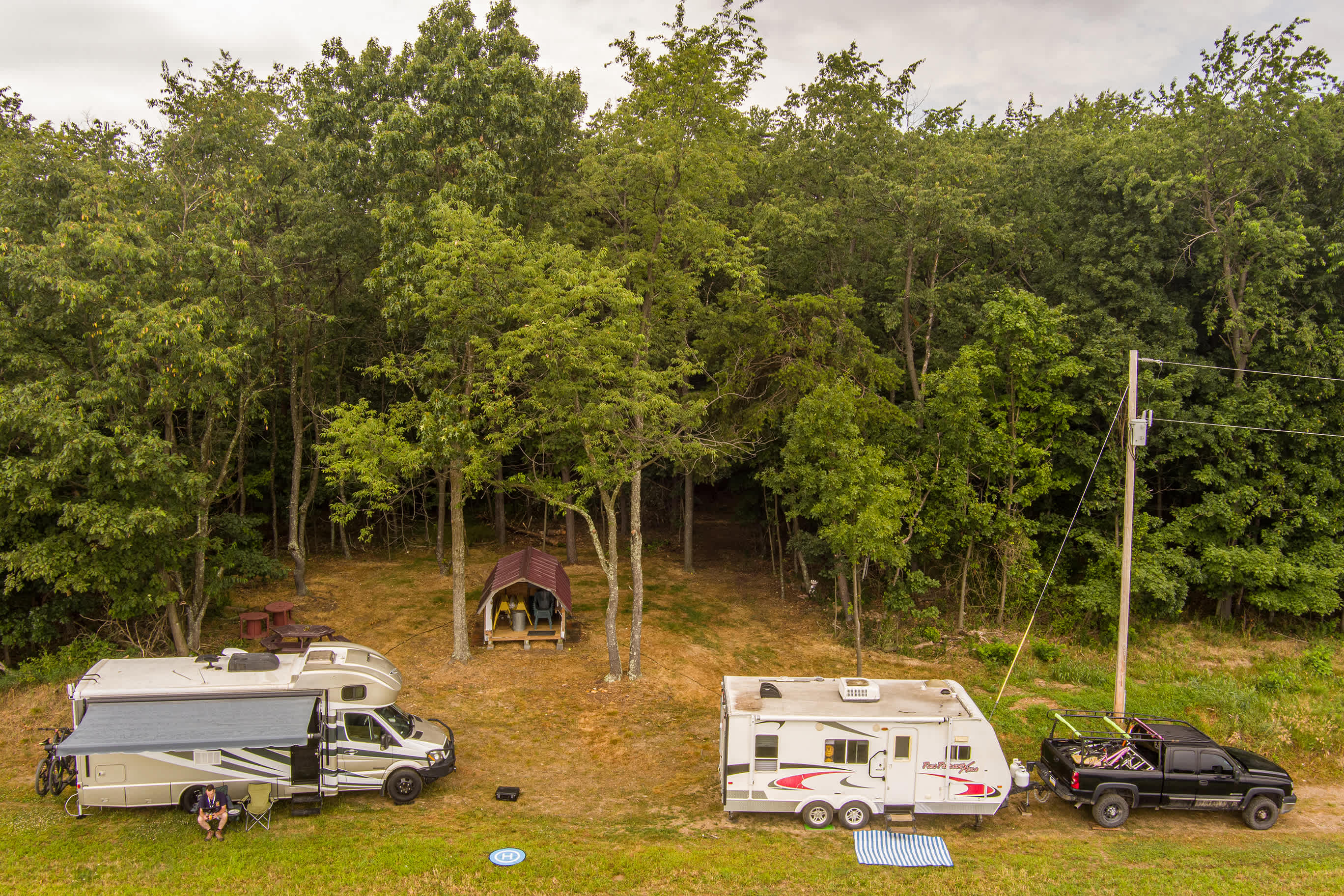 The main Shed area from the field facing the woods (Aerial image).