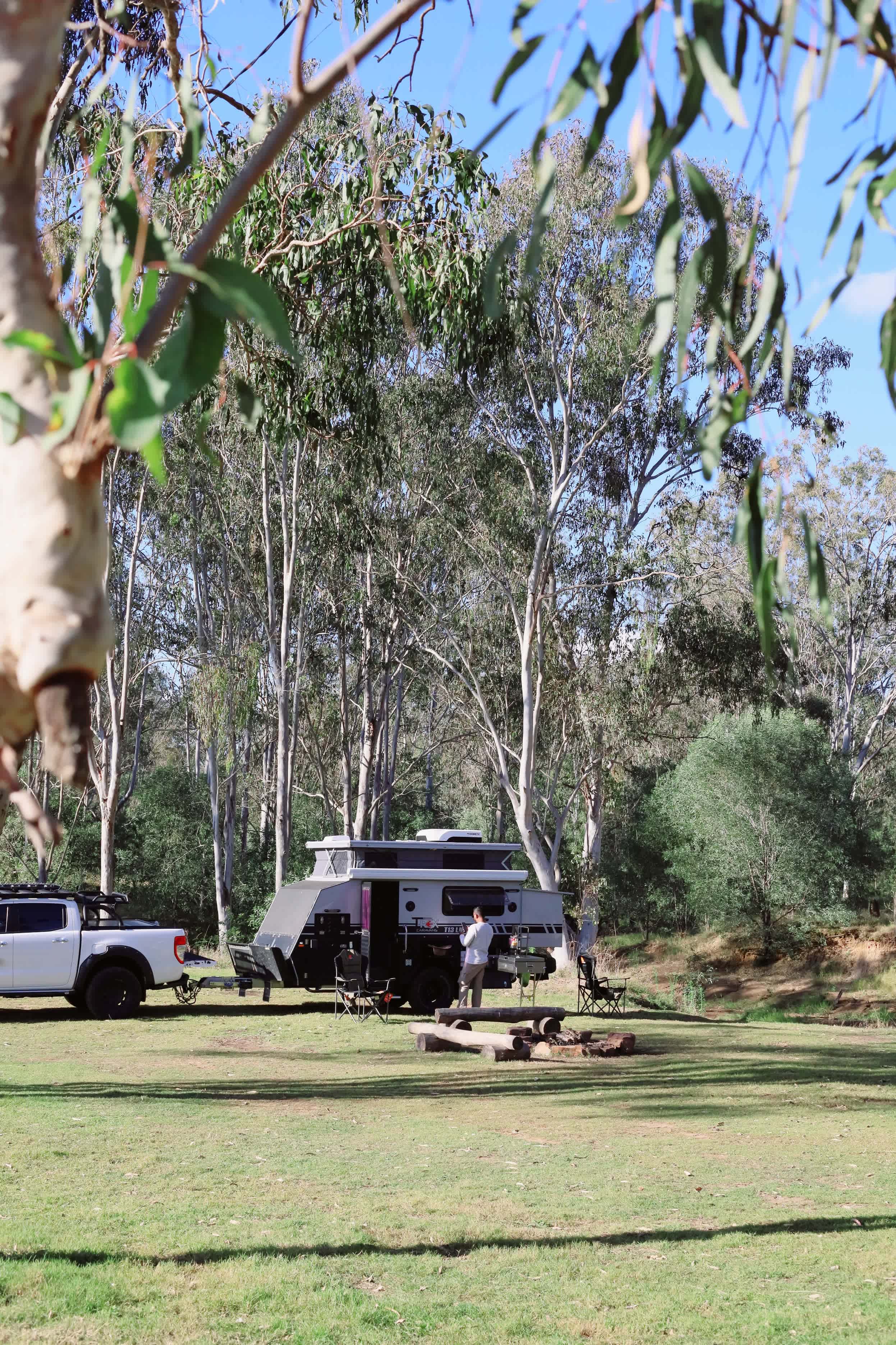 The campsite has a flat, grassy ground perfect for all types of camping setups. 