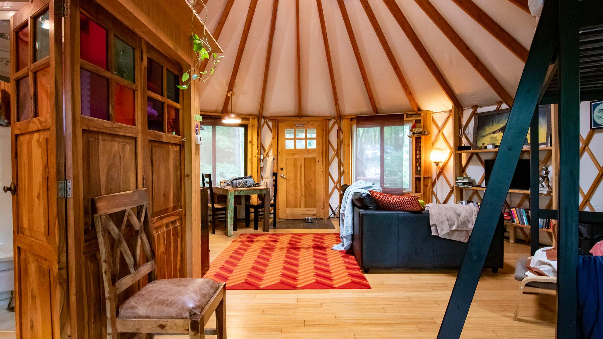 A view of the inside of the yurt from the back door. 