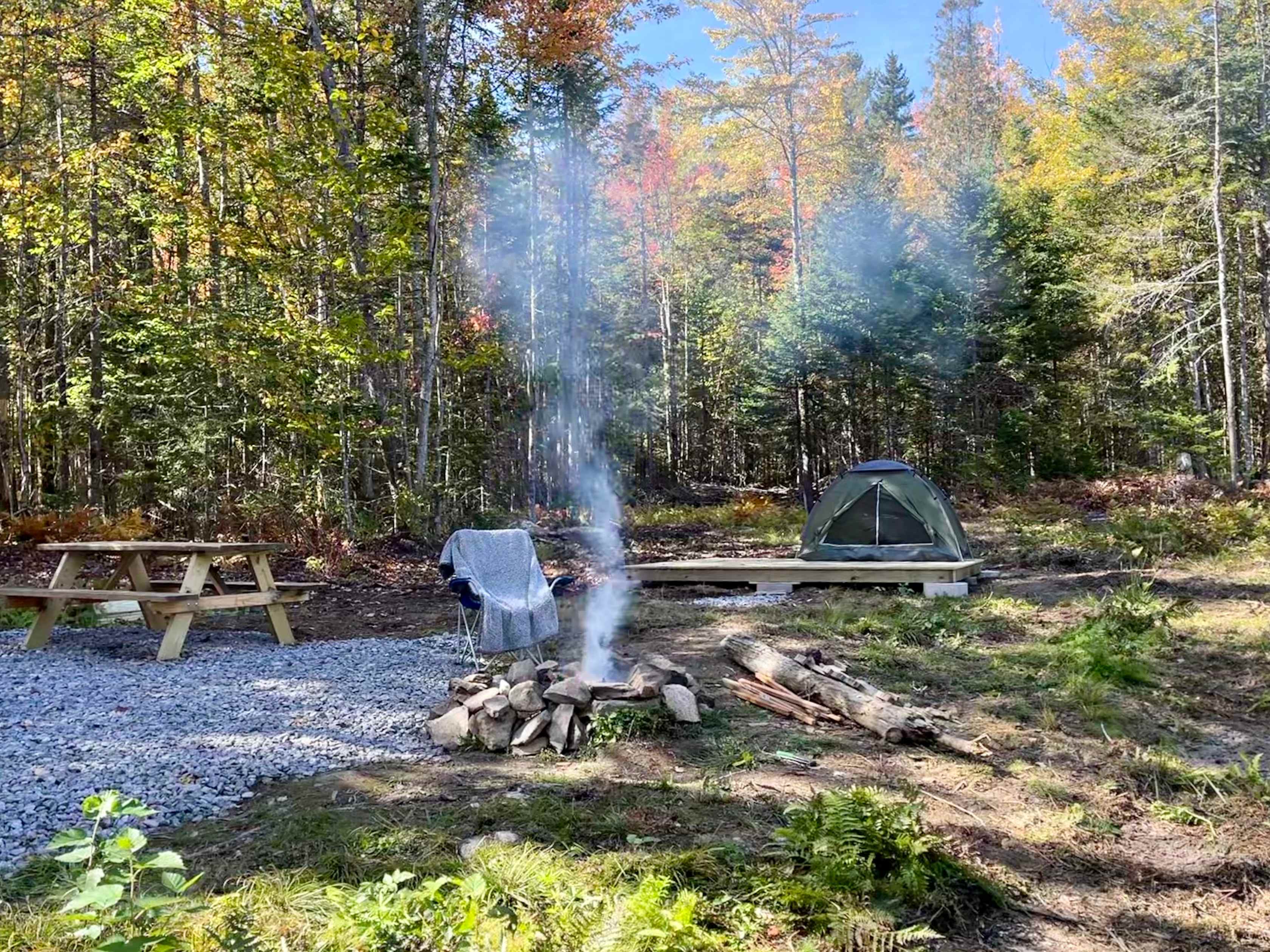 Amenities include a tent platform, picnic table, and fire pit! 