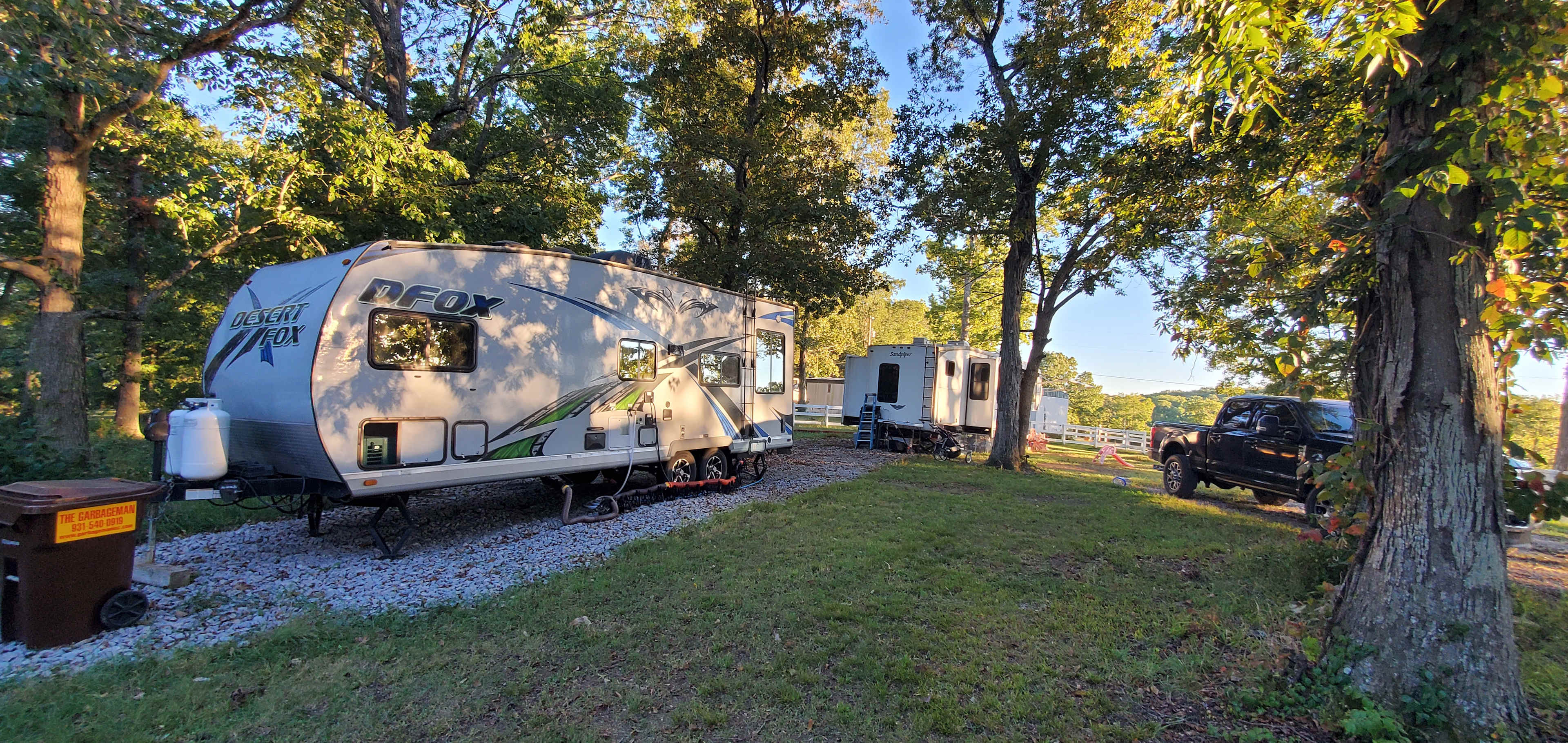 Two extra large full hook up sites, 30 or 50 amp. 10+ acres of wooded and grass views.  You bring your own rv.