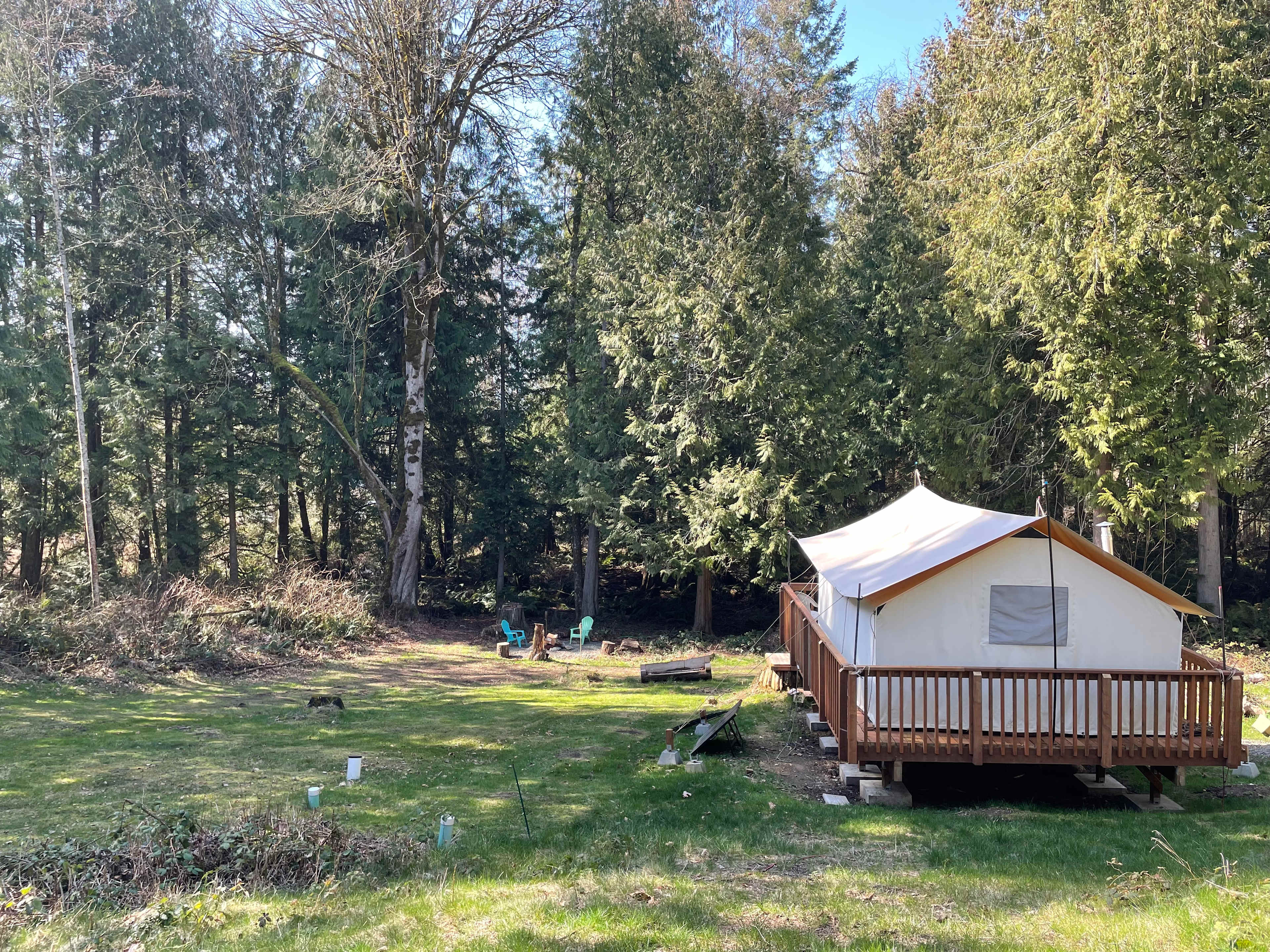 View of the hideaway and campfire area