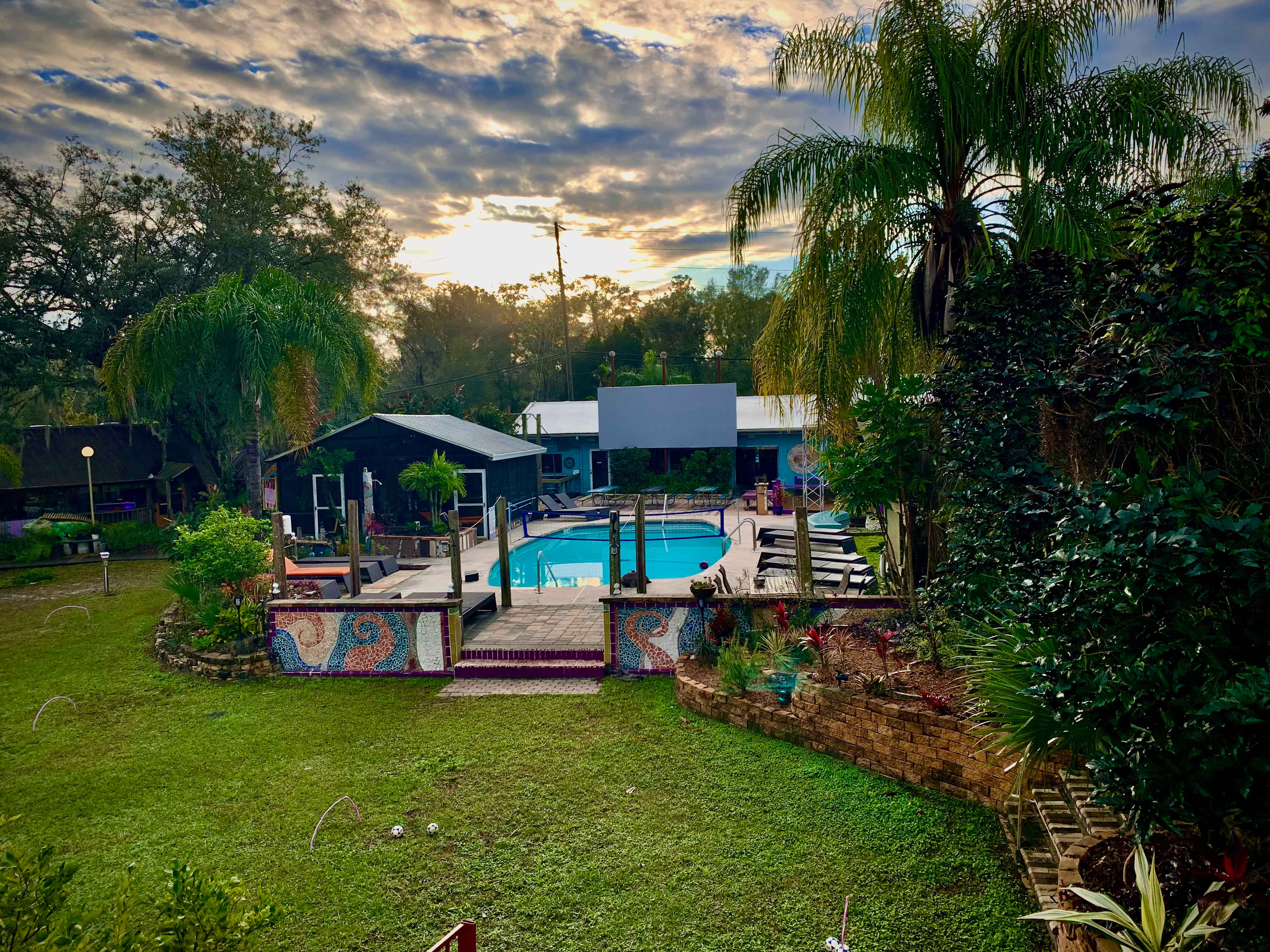 Pool area at sunset