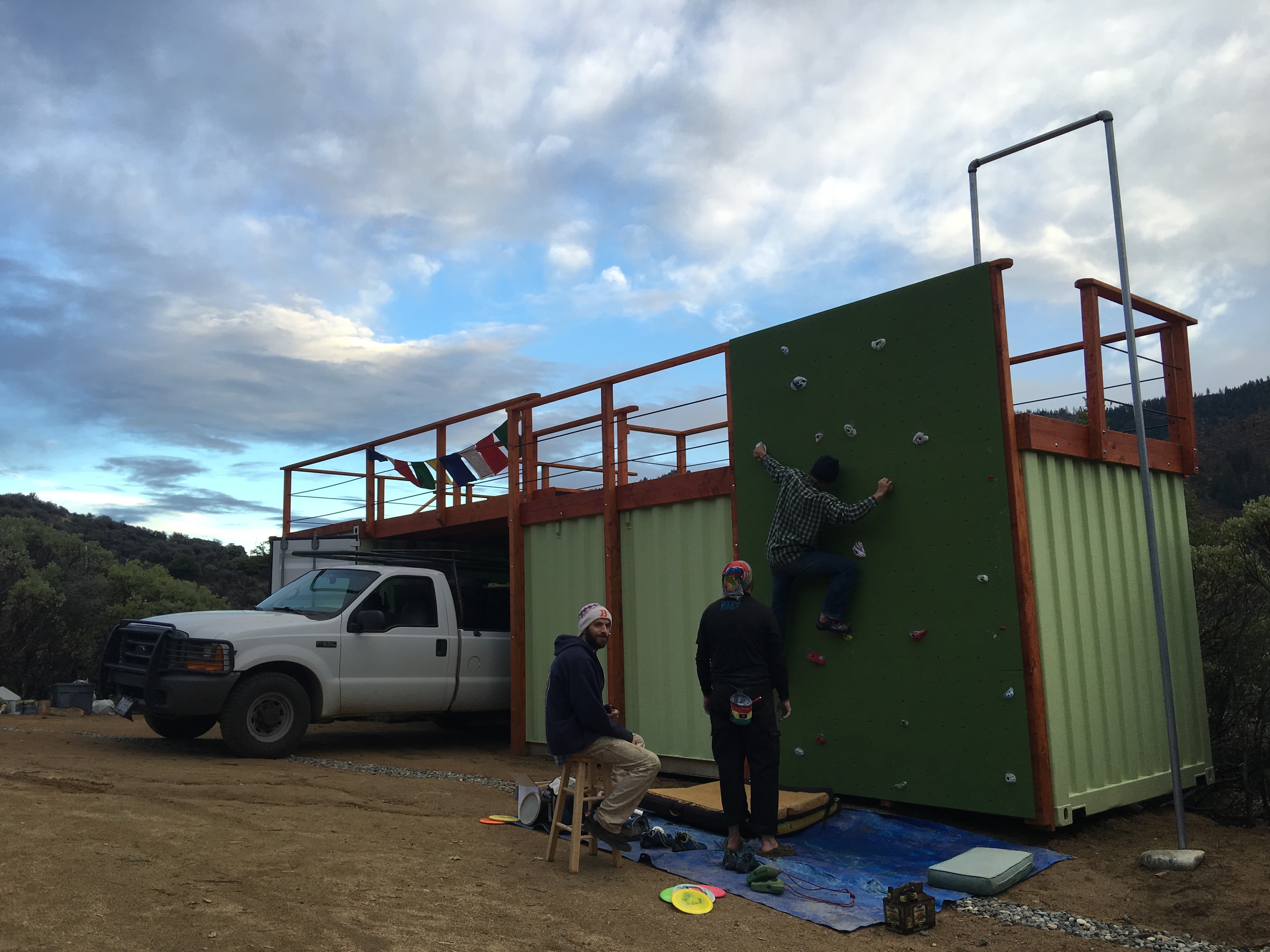 Rock climbing wall! In the garage container there is a bin with the supplies to change routes. 