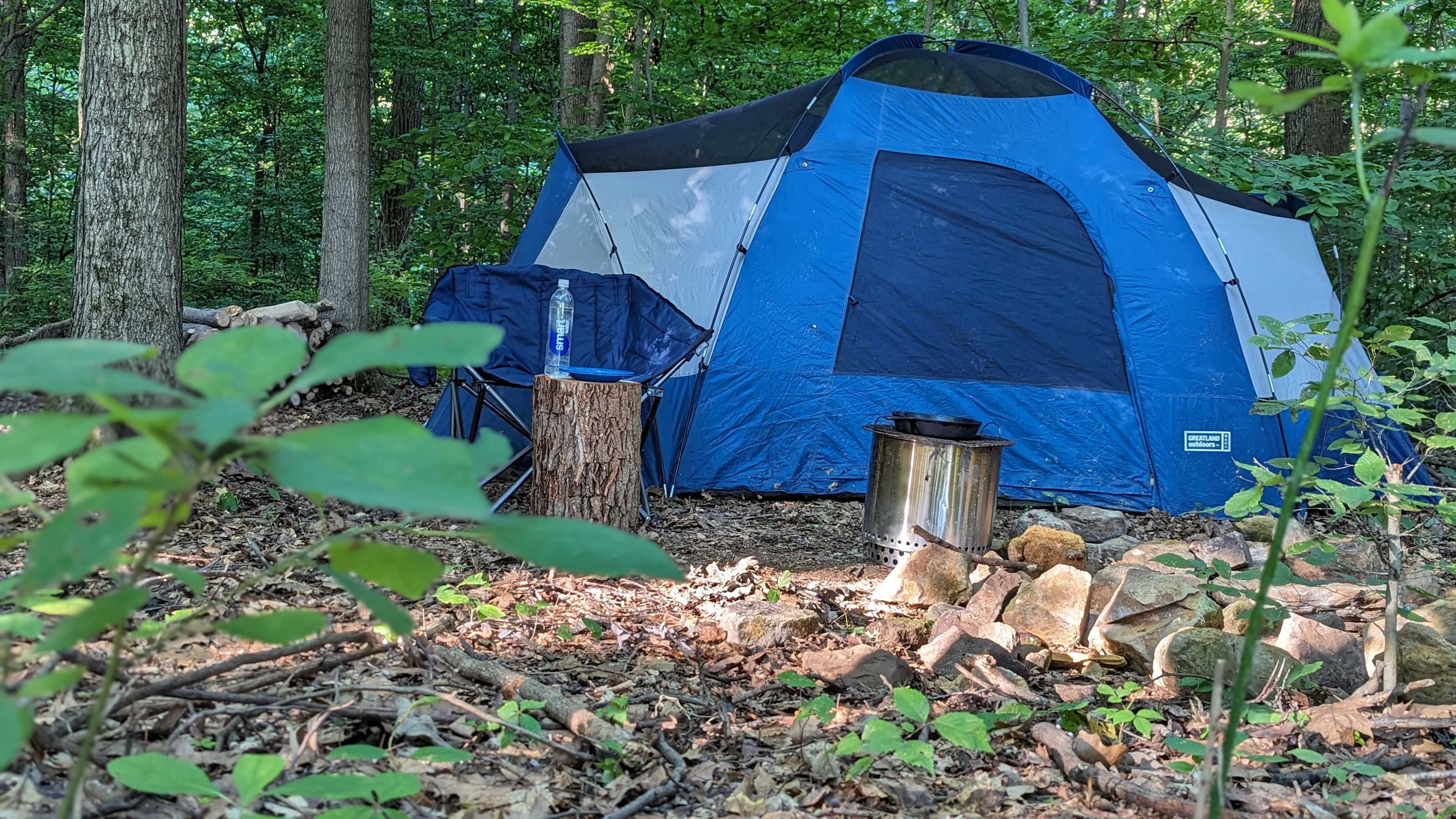 Tent camping with firepit