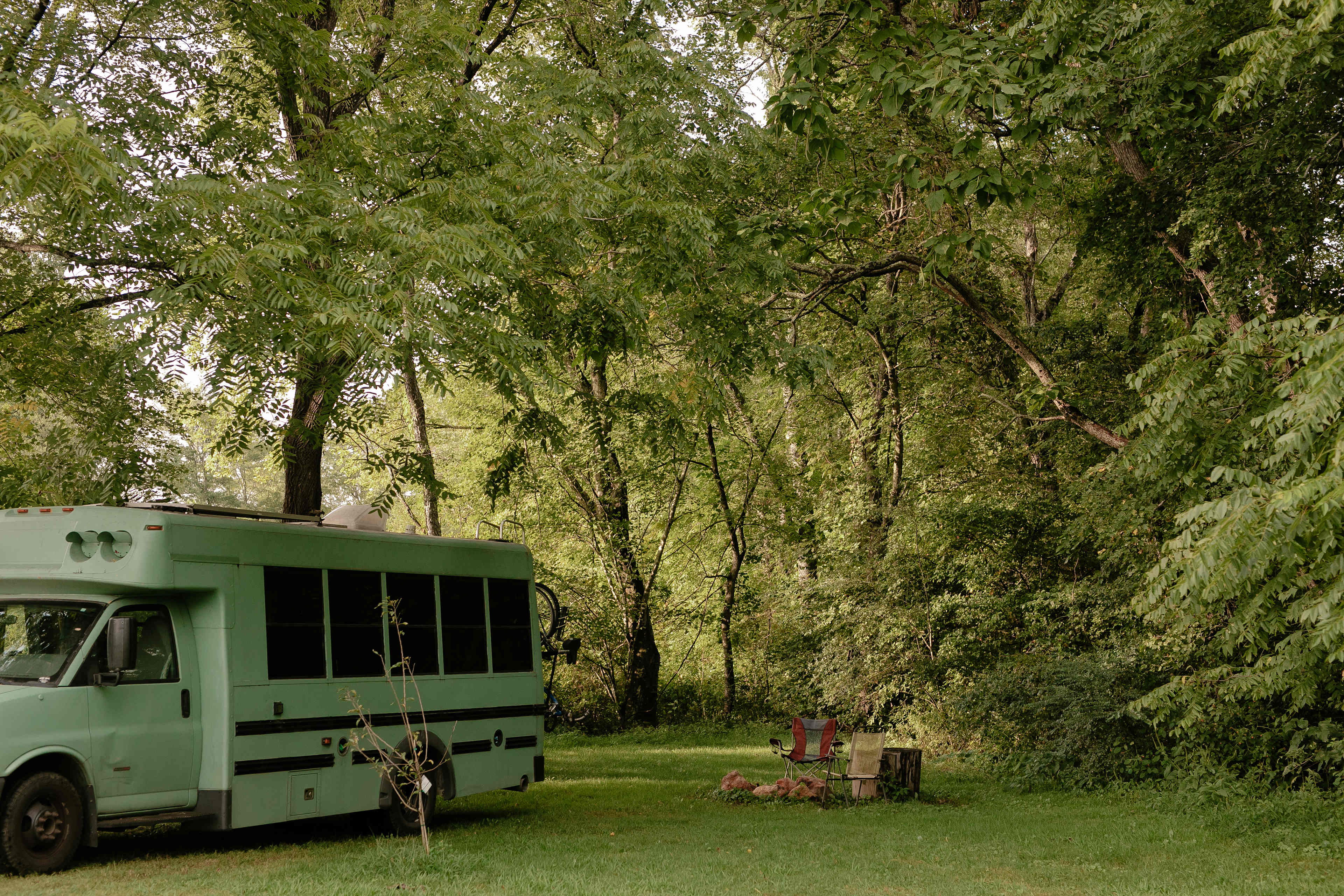 A beautiful canopy of trees above a level campsite. There's even a short trail to a portapotty between that trees. It's cleaned weekly! 