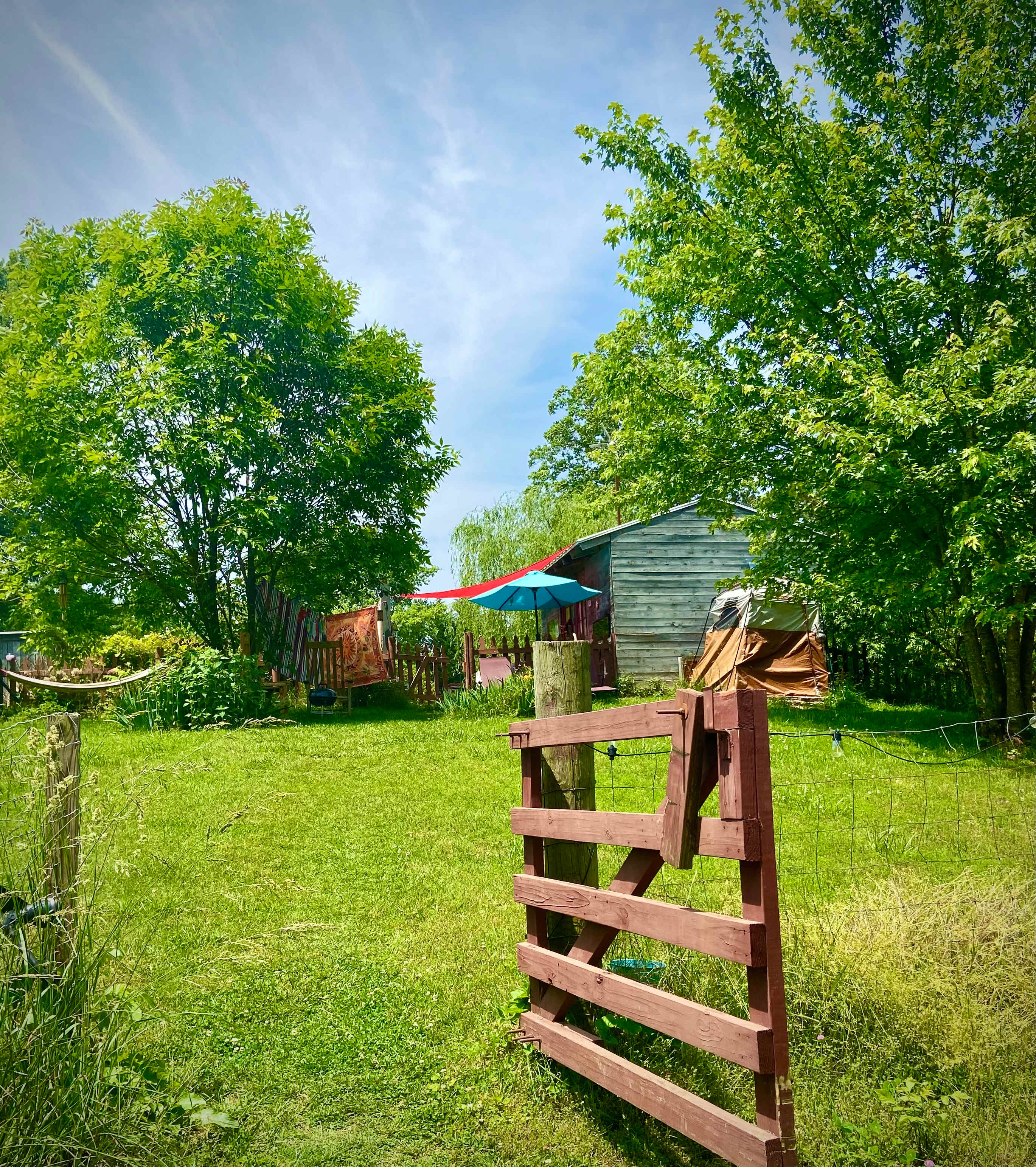 Entrance to cottage side yard and path to cottage from parking area
