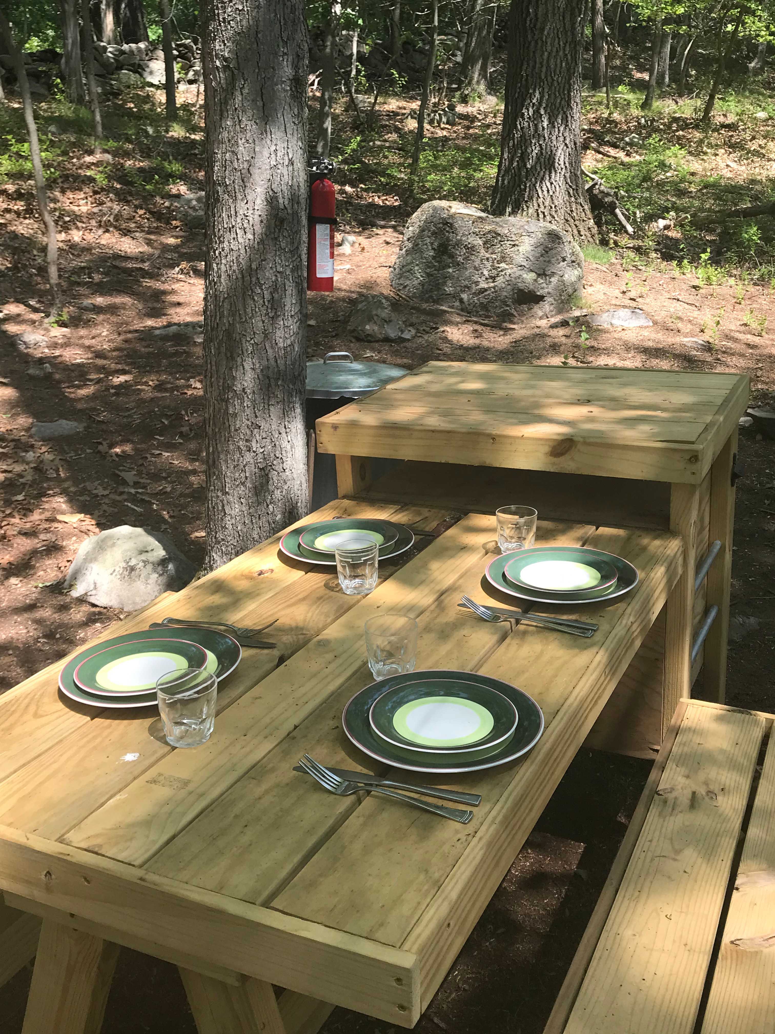 Dishes, glassware, cutlery, pot and pan, french press coffee pot, tea kettle, and more provided.