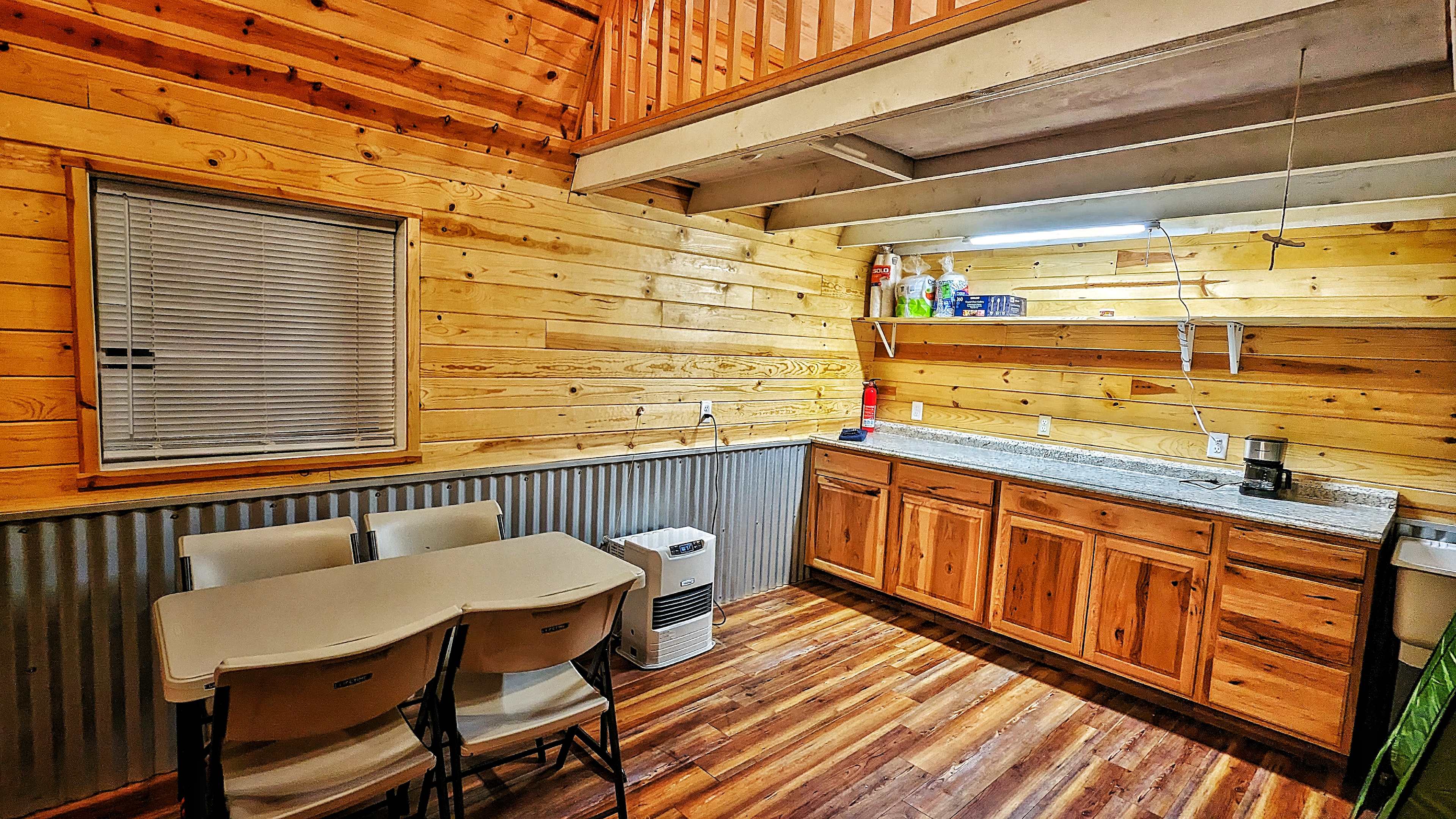 Notice the Toyo Heater, large kitchen counter space, coffee maker (bring your own coffee and filters).