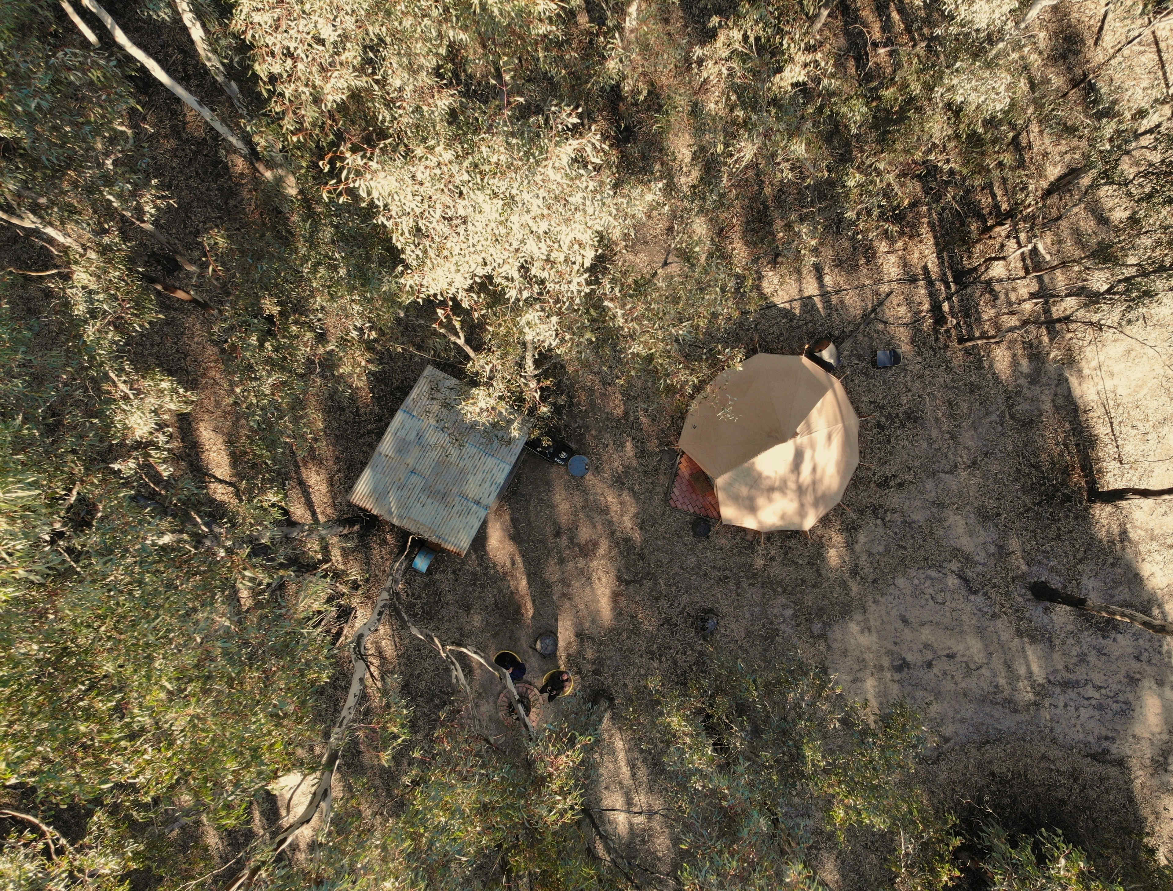 Little Bell glamping tent and private kitchen area from above