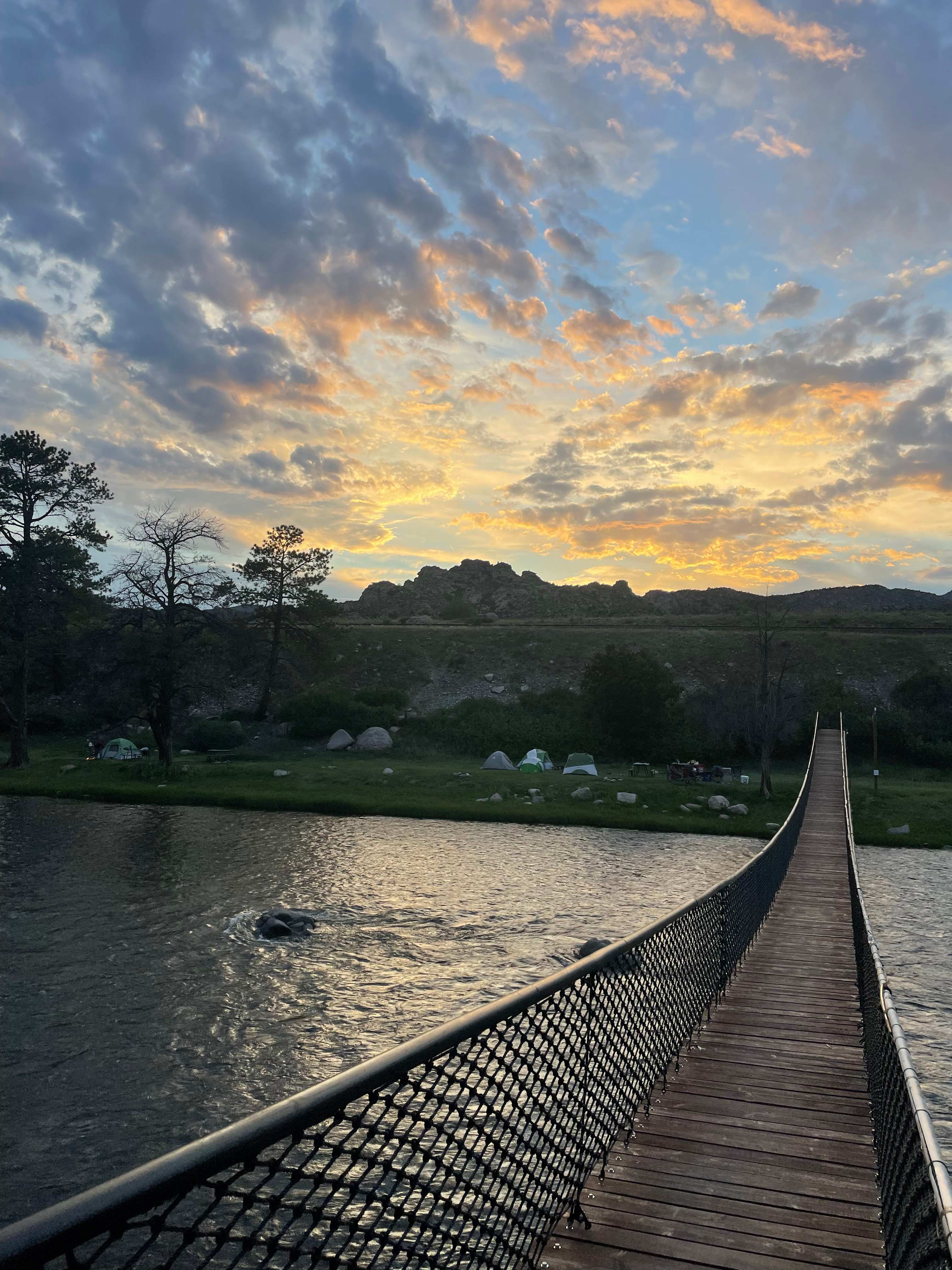 The suspension bridge over the Arkansas to the Individual Tent Sites.