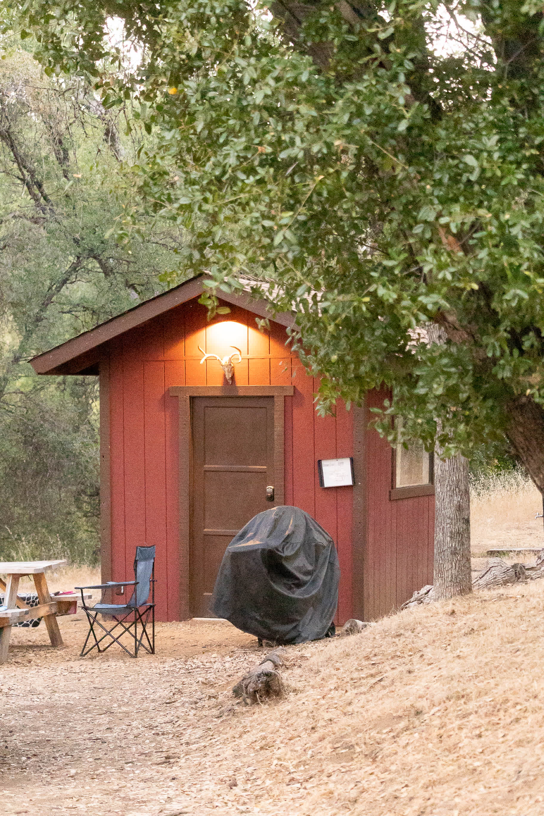 Our cute little cabin at dusk.