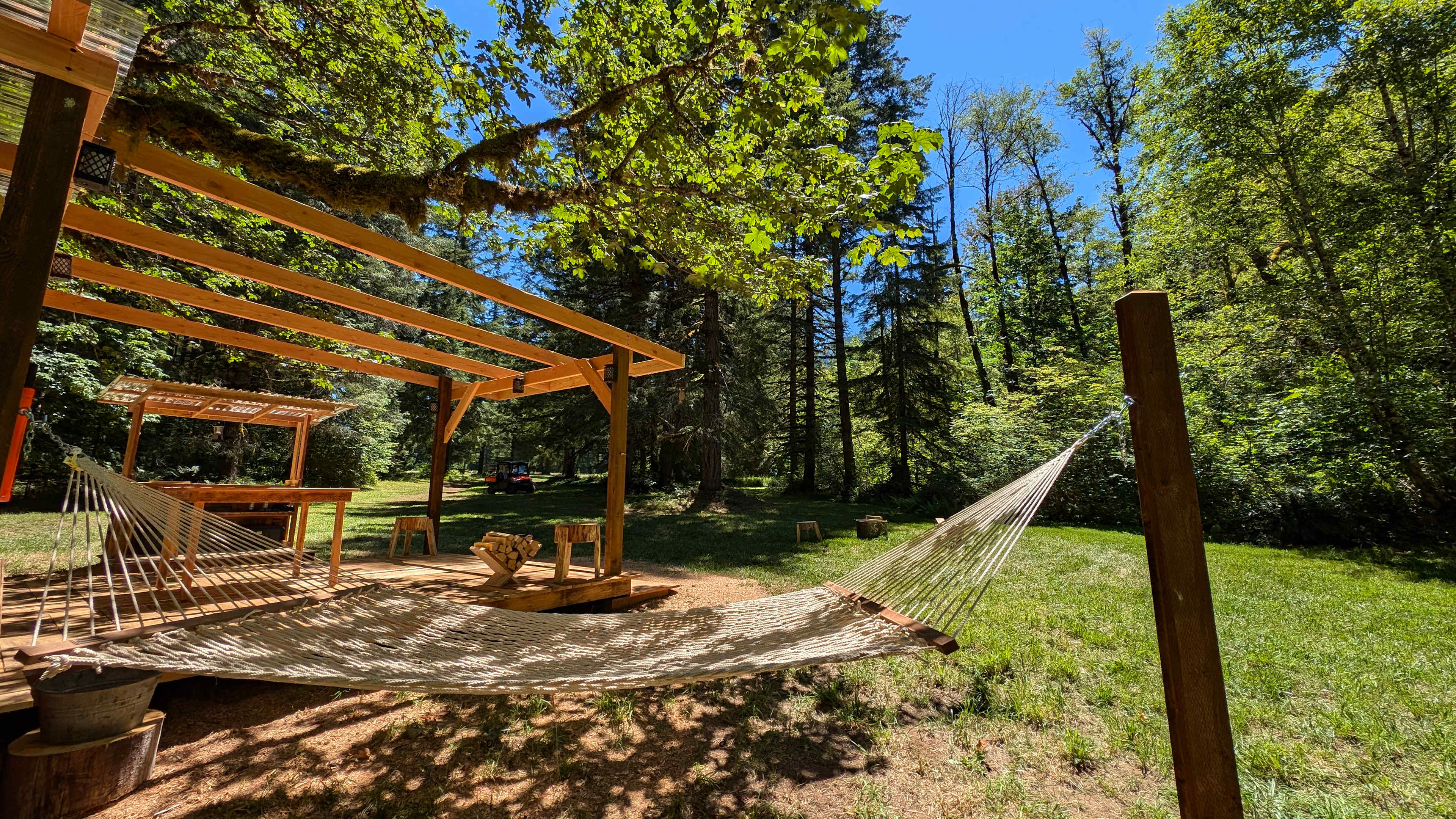 Relax in the hammock . One large double handmade hammock, 3 more camper hammocks.