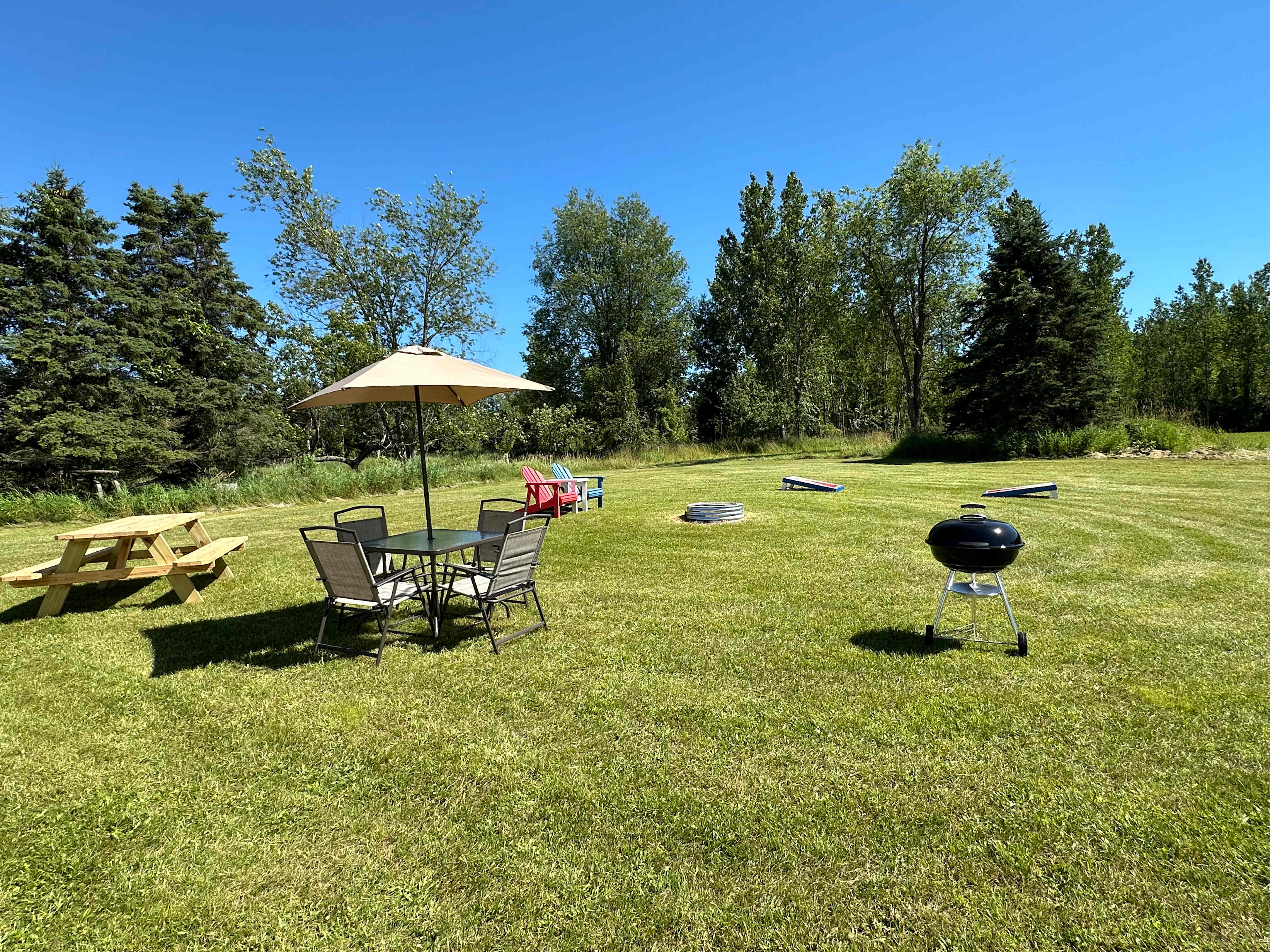 We provide: Picnic Table, patio table with 4 chairs and umbrella, charcoal grill, double Adirondack chair, corn hole boards and of course a fire pit. 