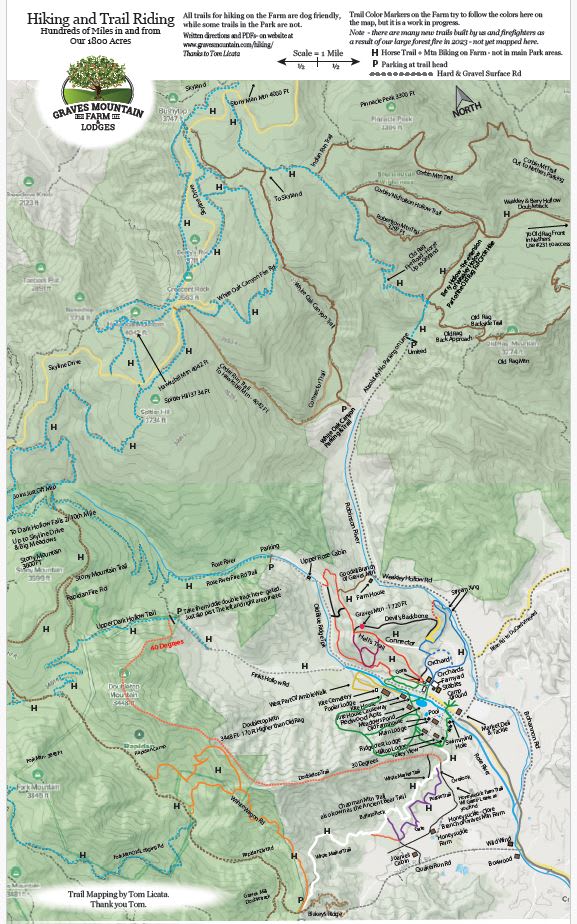 Map of Trails on or accessed from Graves Mountain Farm & Lodges - next to Shenandoah National Park.  PDF > https://www.gravesmountain.com/