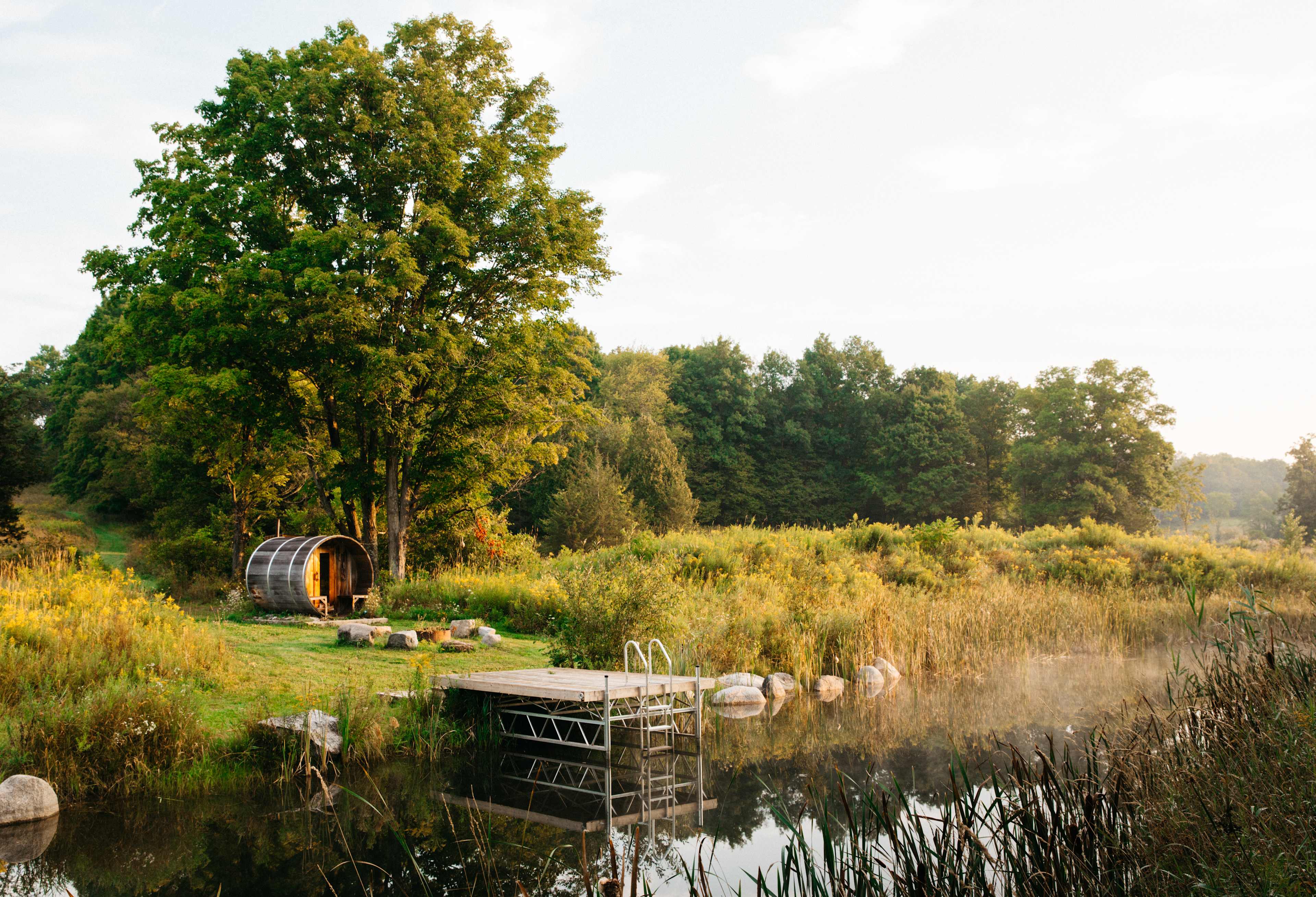 The swimming pond and sauna early in the morning