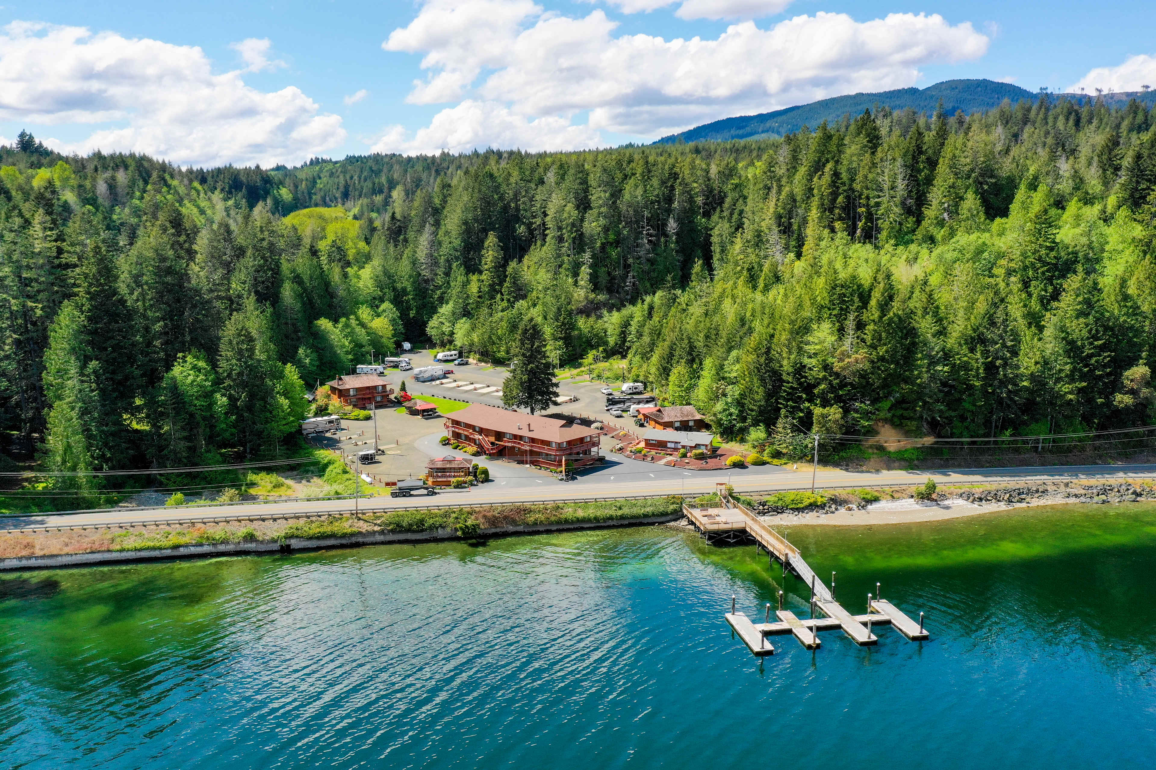 Waterfront resort with great amenities, surrounded by forest and trails.