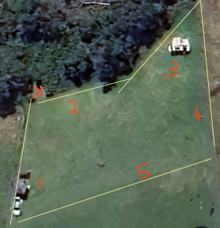 Ample space per site. X marks the toilet location.