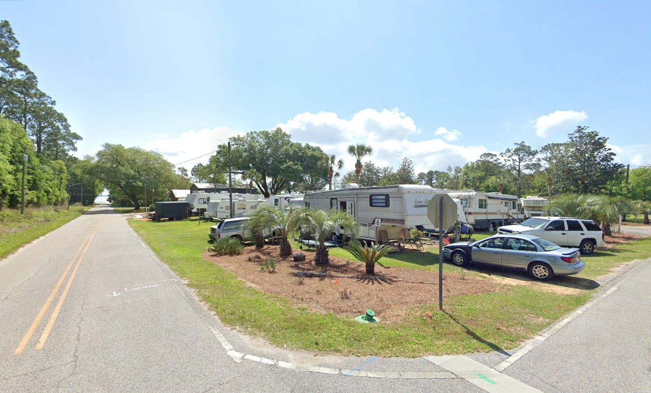 Looking down Kee Ave at Sites 5, 3 & 2. At the end of Kee Ave is neighborhood Public Beach Access to Perdido Bay.