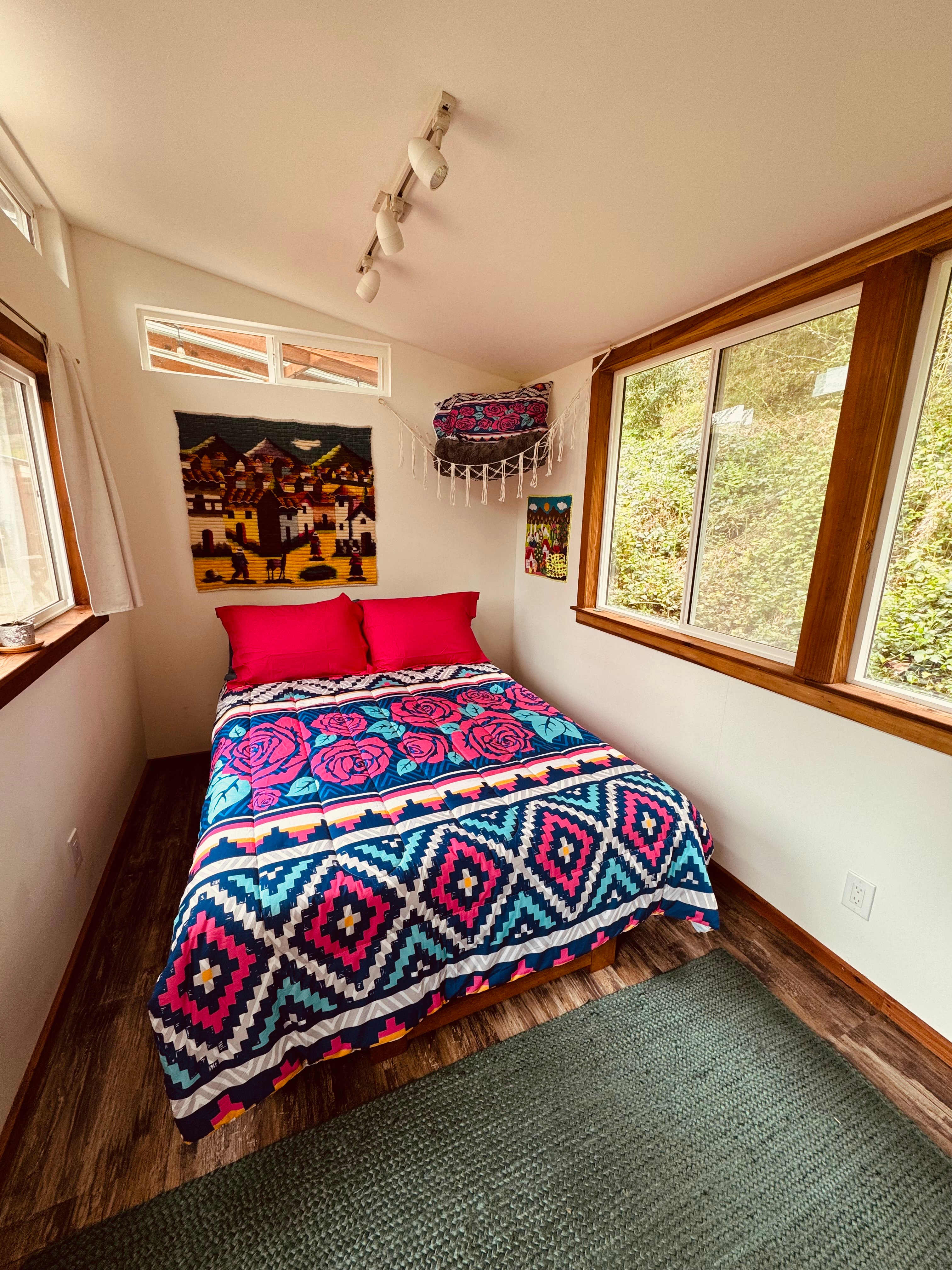 Full size memory foam bed with heater for chilly nights.