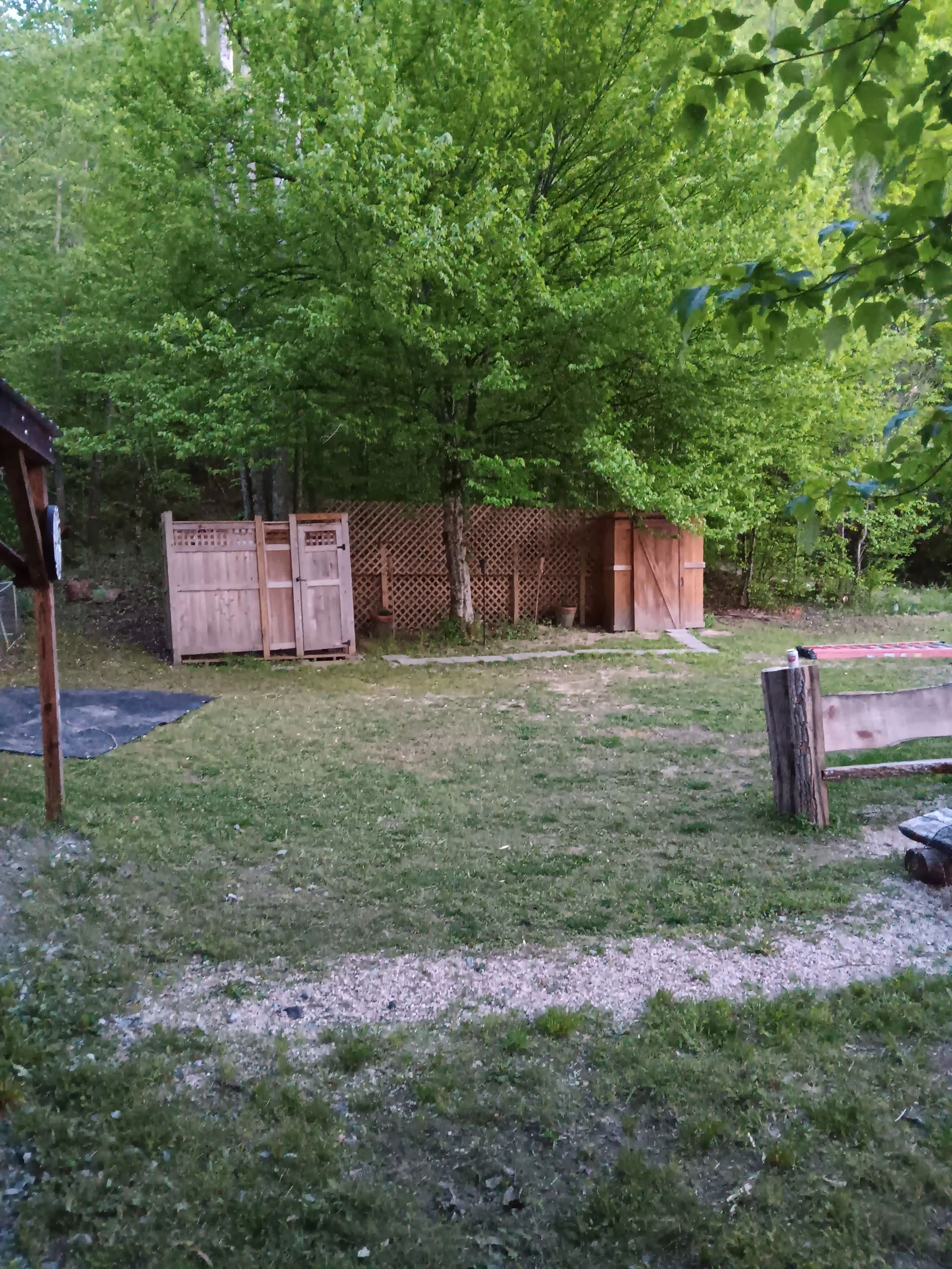 Outdoor Shower on the left Outhouse on the right. Yes, that is a dartboard on the left, horse shoes, and corn hole avaliable. 