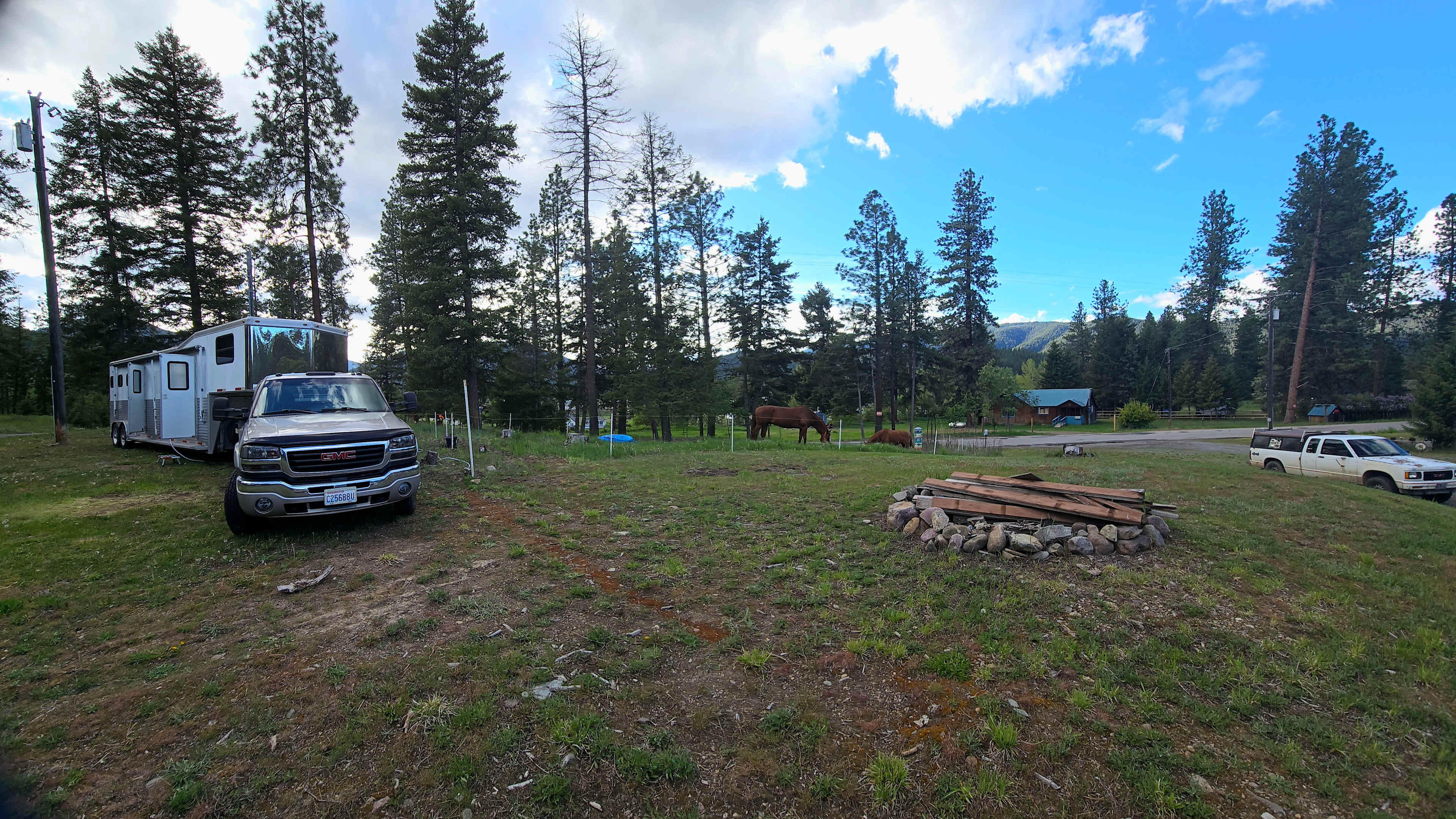 This truck and horse trailer are a total of 35'.  You can see the area where the horses are penned with temporary electric fencing, brought by horse owner.  We do not provide fencing for livestock or dogs.