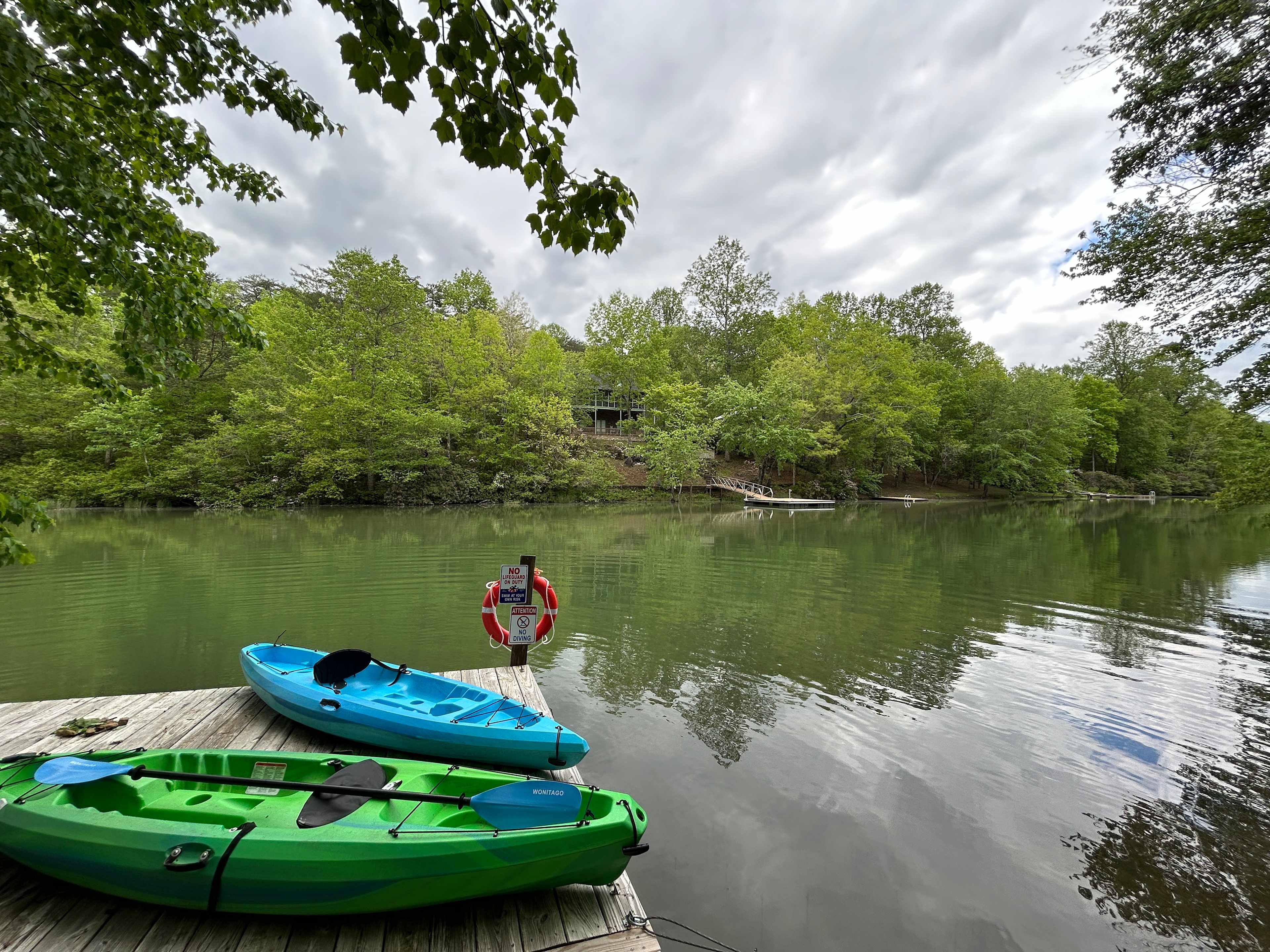Lakefront property with dock and two kayaks for guest use