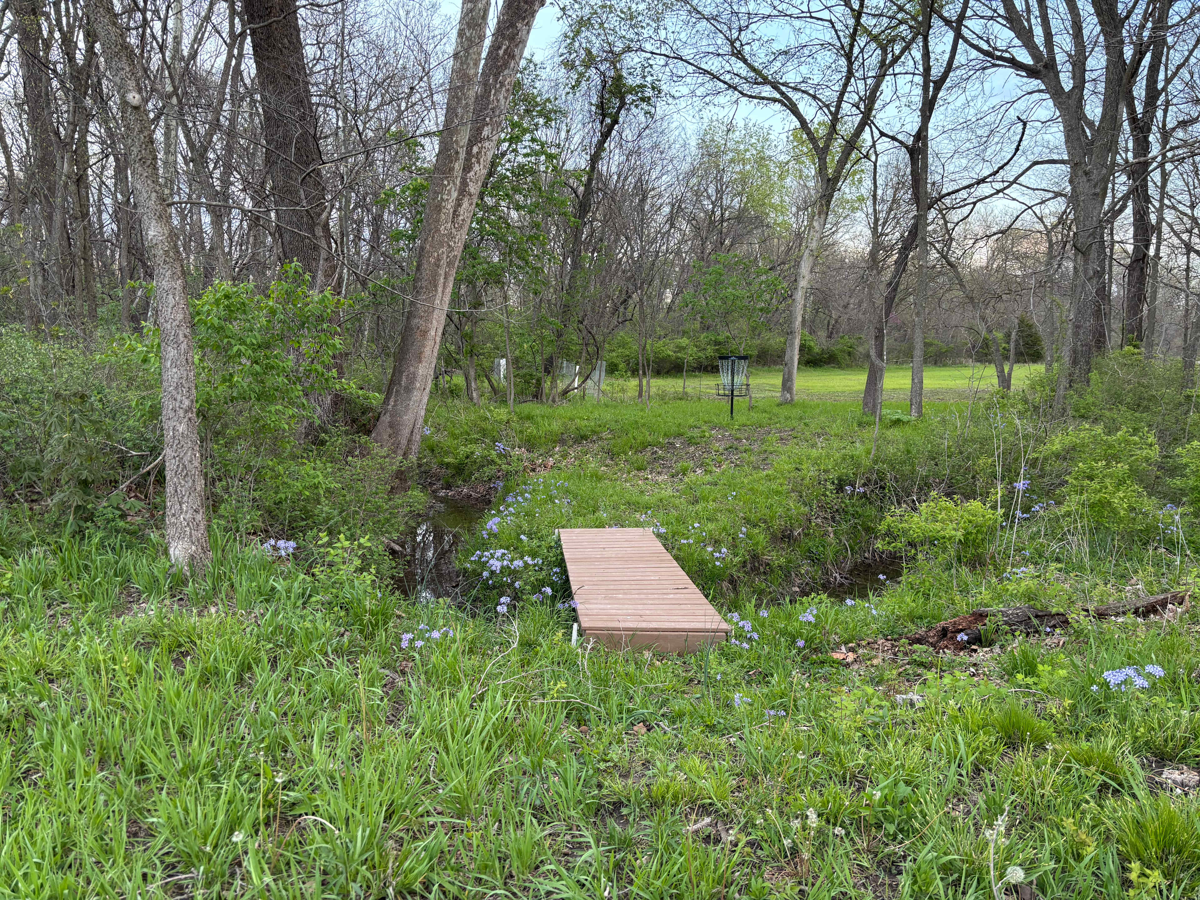 Footbridge across stream; disc golf