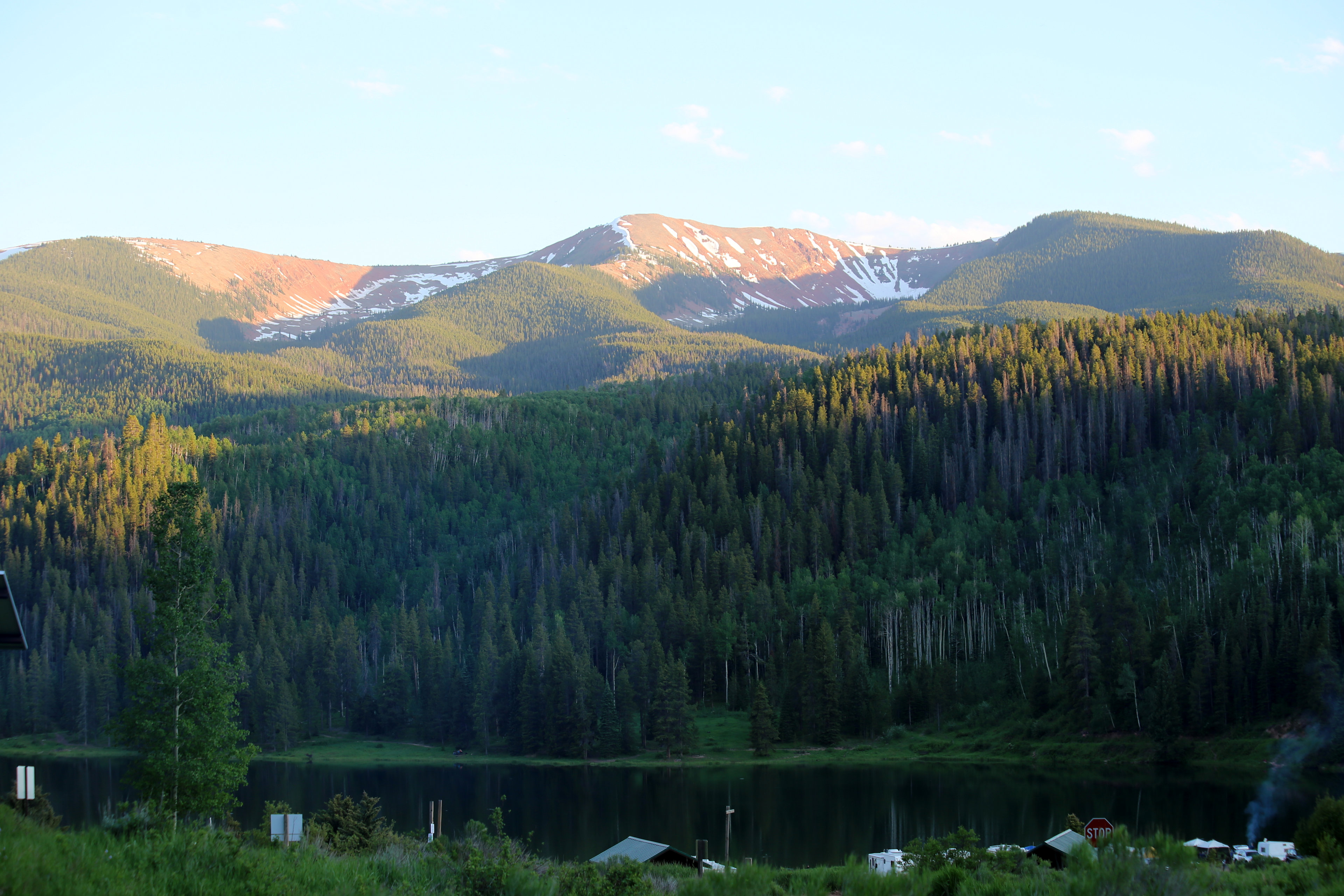 View from path that goes uphill near cabins