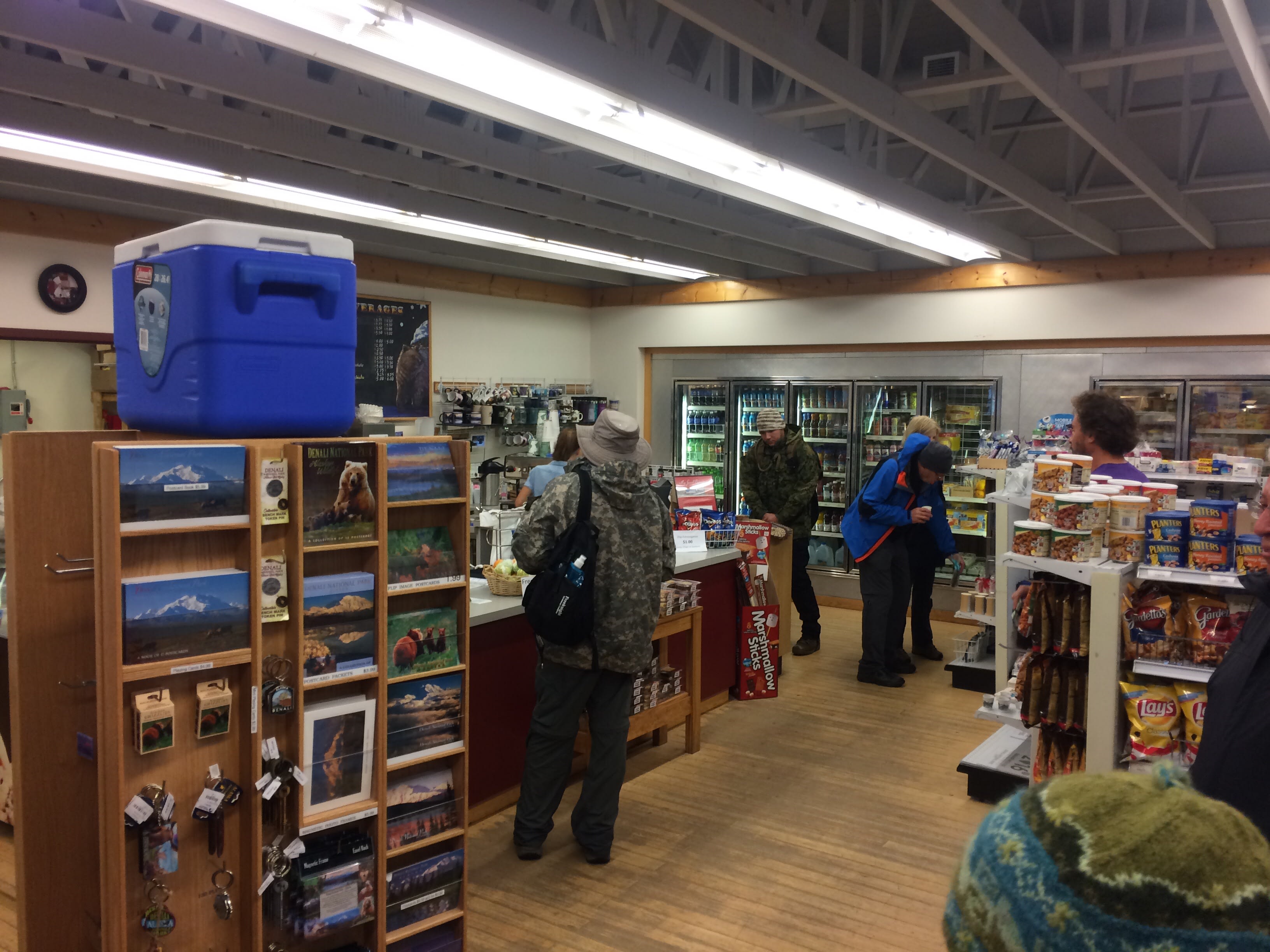 The mercantile store has coffee, ice cream, all kinds of groceries, and beer! Prices are a little high but not too bad. Open until 11pm