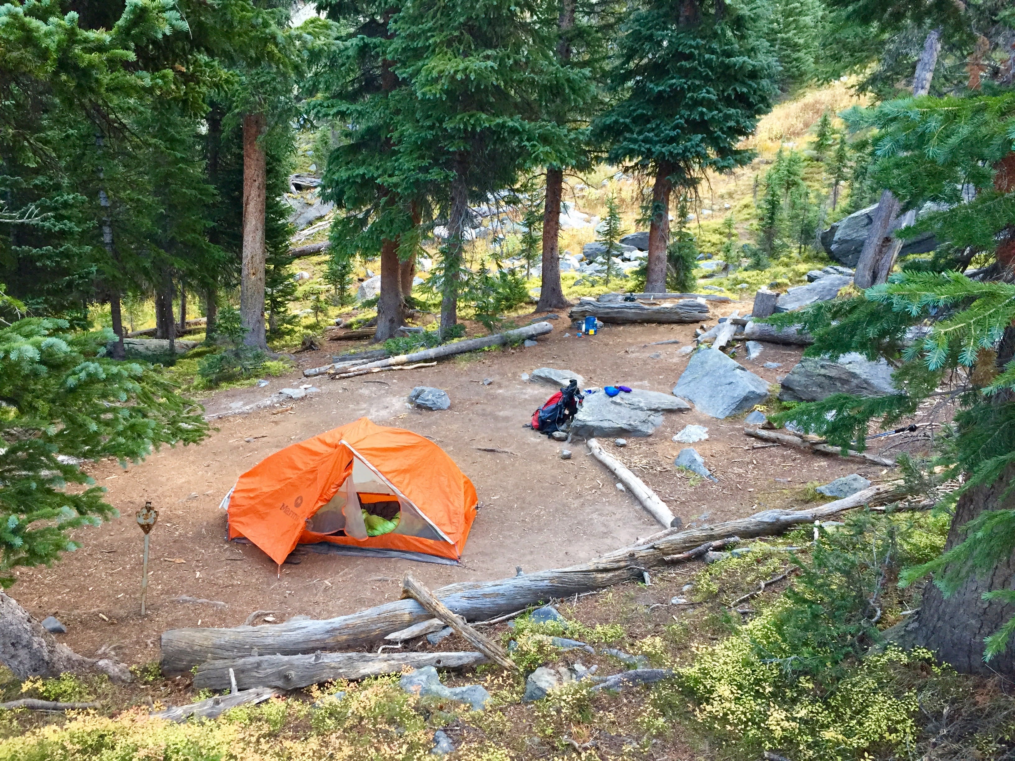 One of the Snowbird campsites, along the Timber Lake trail. It was very well maintained.  A bull moose walked through my campsite, twice!  This is the closest campground to Timber Lake (1/4 mile up the trail) and is very convenient for a dayhike up Mount Ida. 