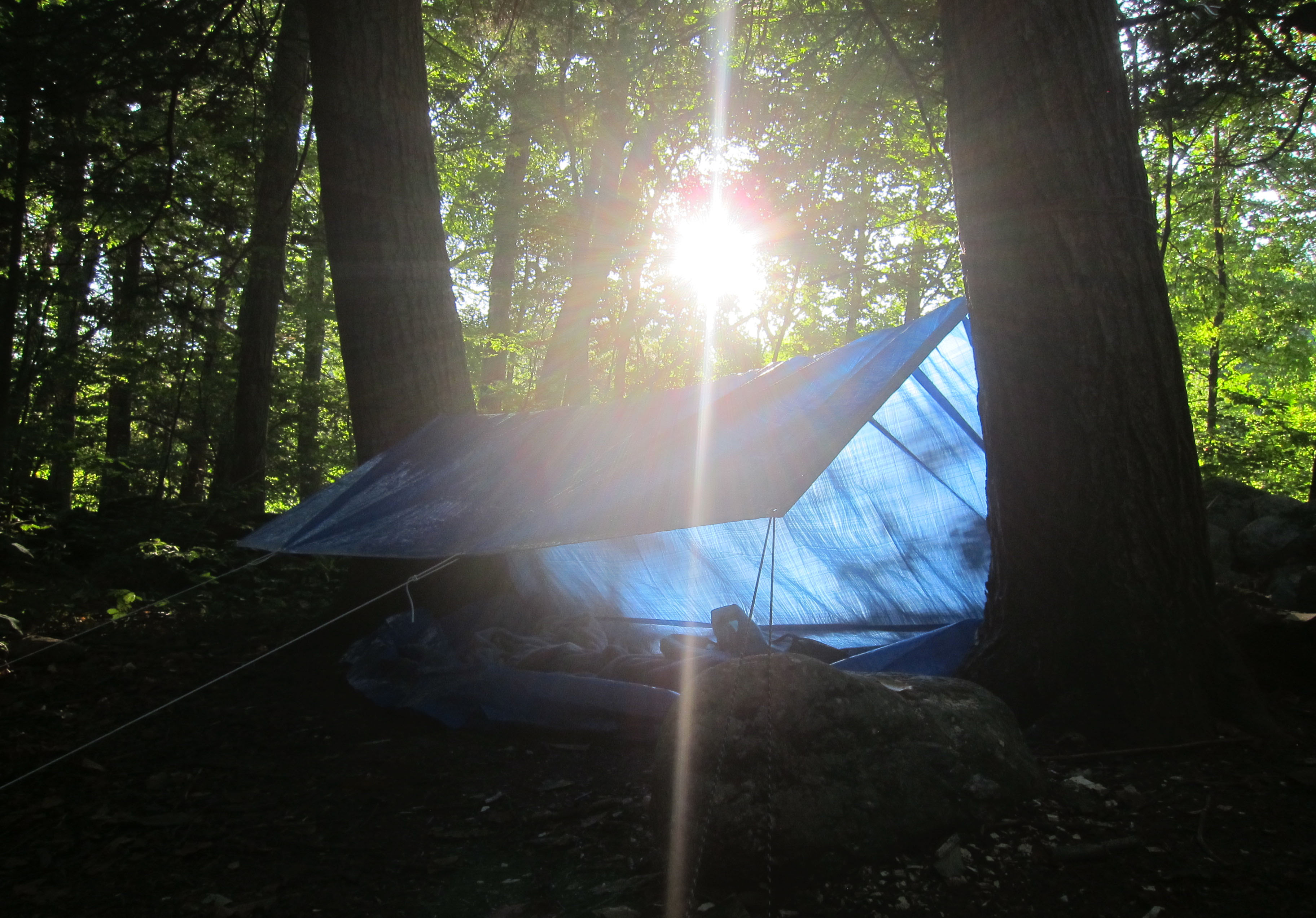 No tent? No problem! With backpack gear in my storage unit I got a $7 tarp and parachord and built a sweet lean-to shelter in Connecticut gaining badass girl points with trail mates. Awesome circuit hike with both water and nearby Appalachian trail access. 