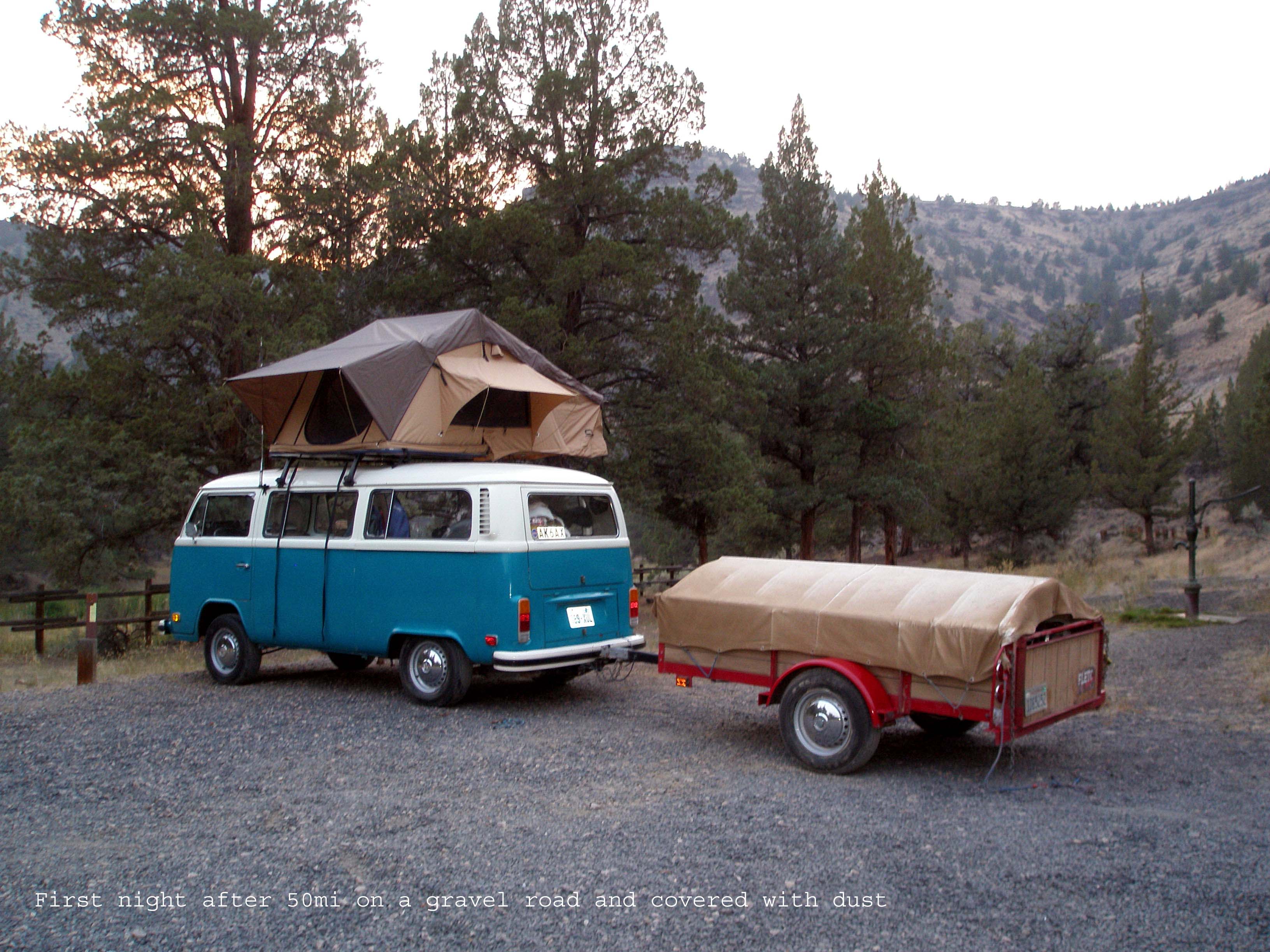 Crooked River at Sunset after 50mi on an extremely dusty gravel road. The tent on top stayed dust free while everything in the trailer was saturated with dust.