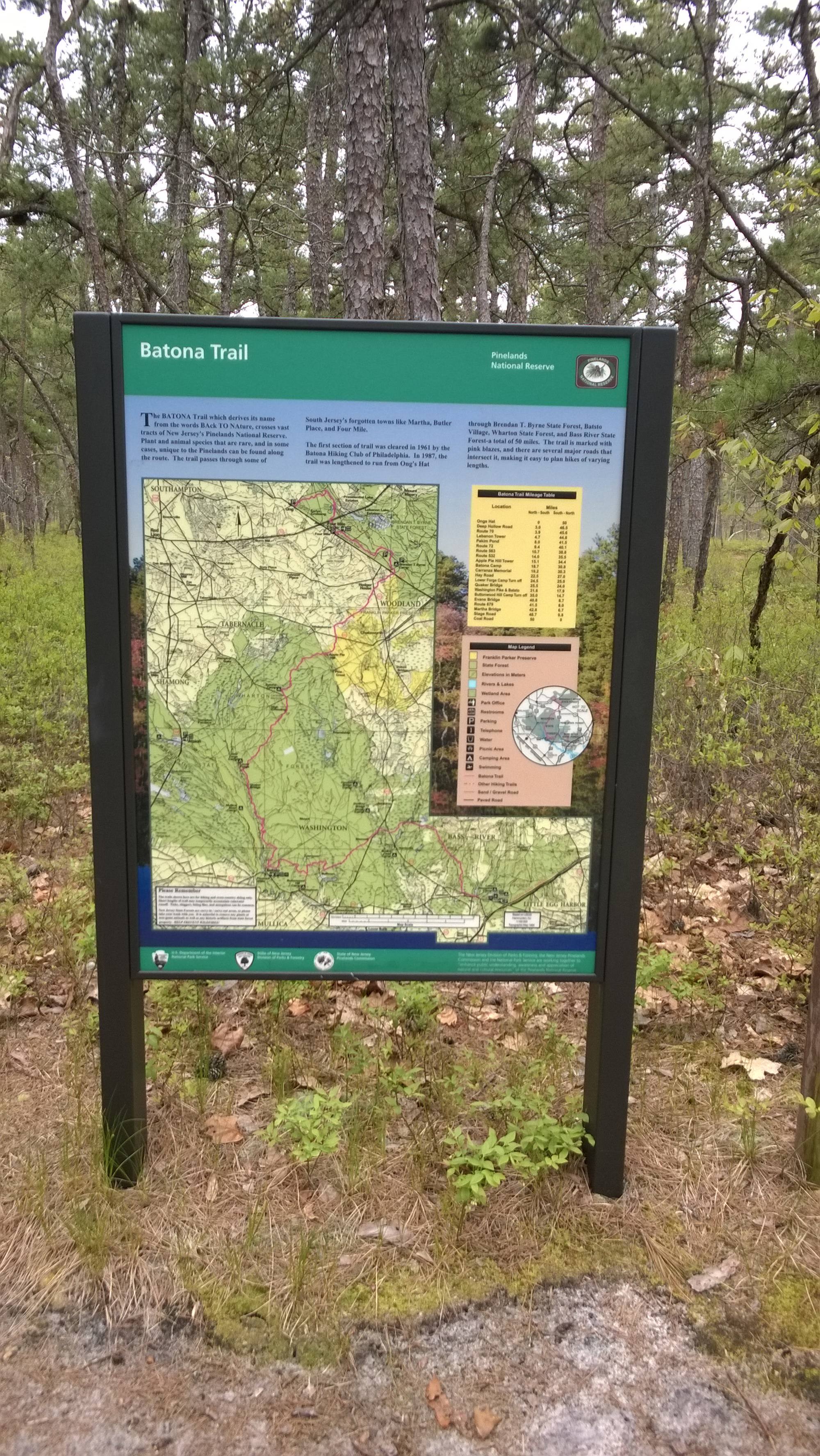 The map of the Batona Trail. Lower Forge is one of five Batona Trail campgrounds.