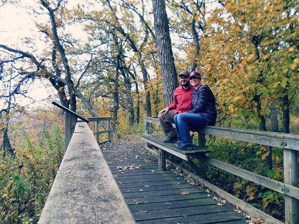 Taking a break at the Des Moines River overlook . 