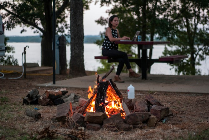 Editing some photos by the campfire. 