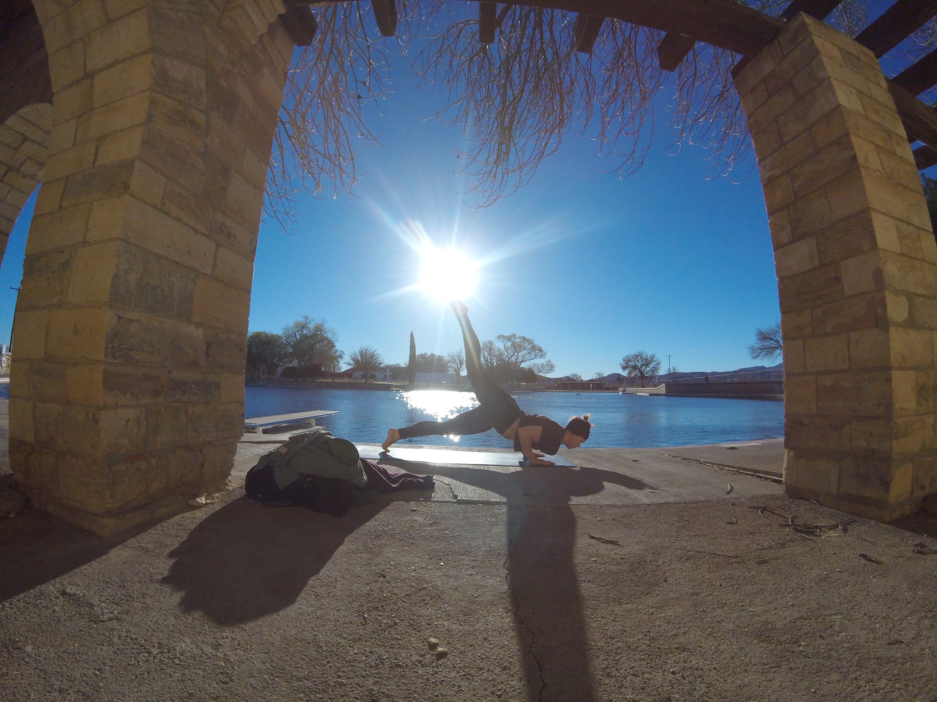 Poolside yoga. Great alcoves to hang out in. 