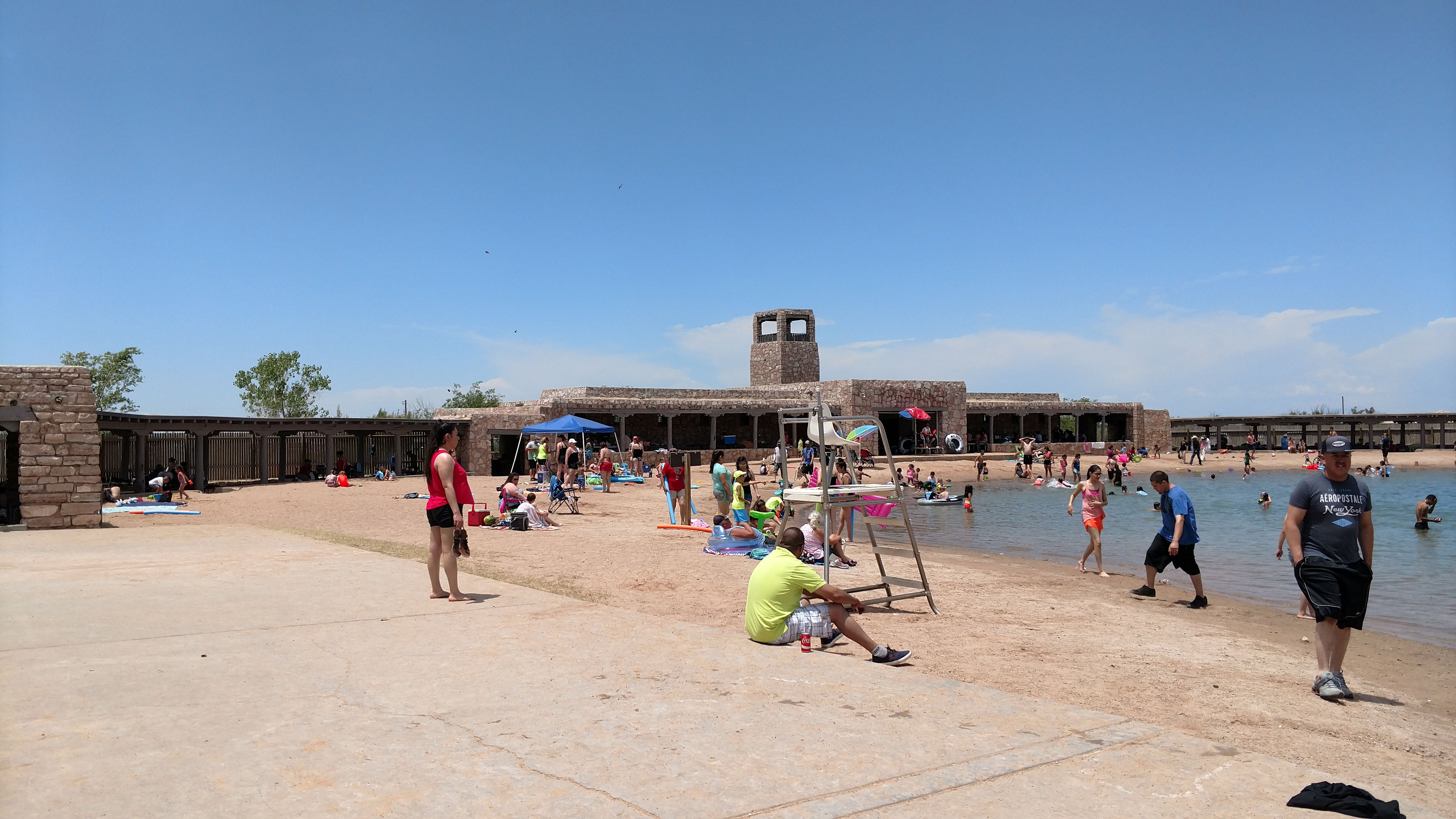 The pavilion has picnic tables. It was built by the CCC.