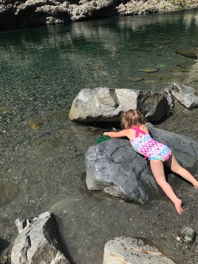 Splashing in the cool shallow water; No pincher bugs here! 