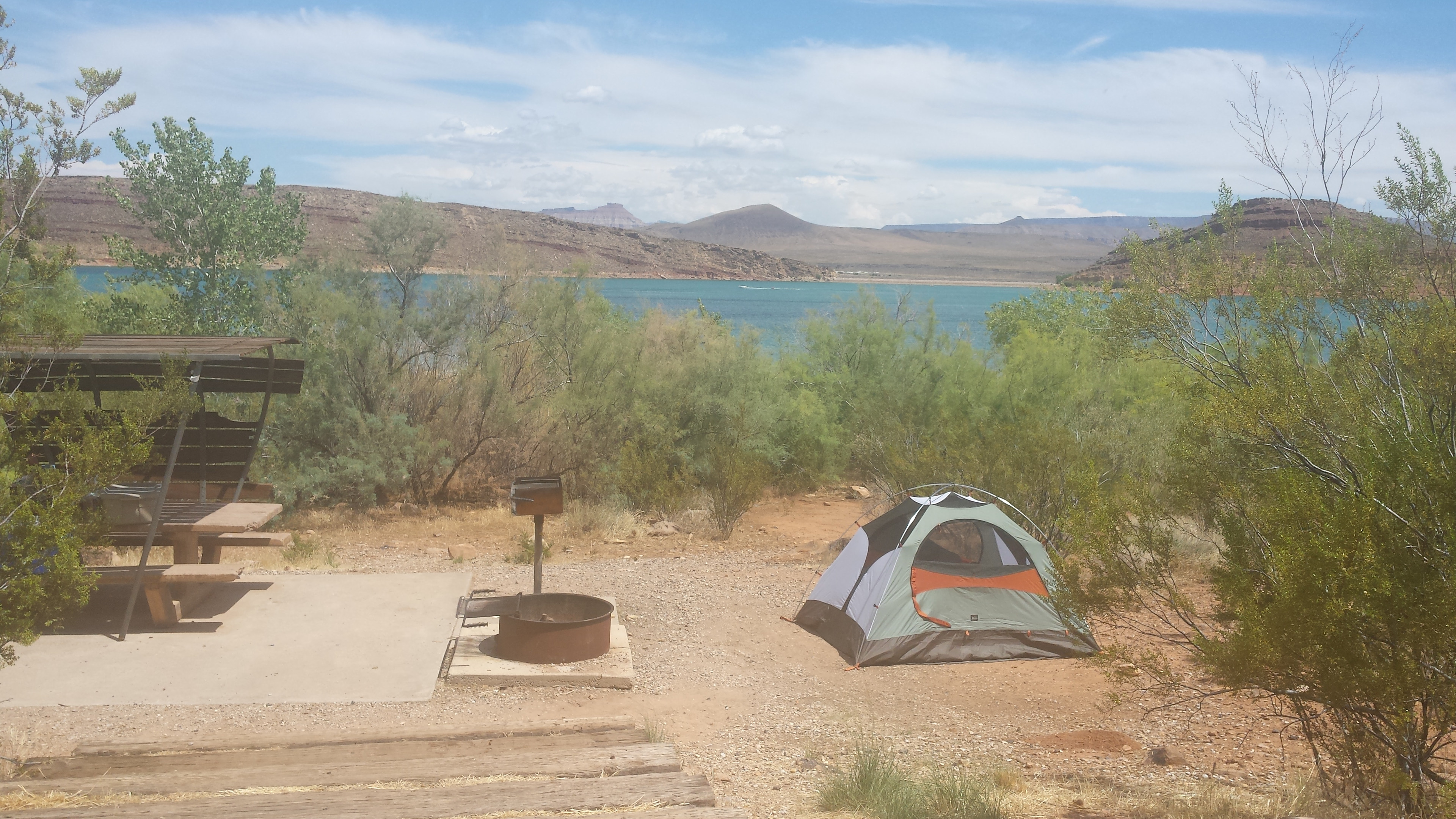 The campsites are pretty much in direct sunlight until later in the afternoon, when the sun dips behind the Harrisburg Bench and delivers much-needed shade on summer days.
