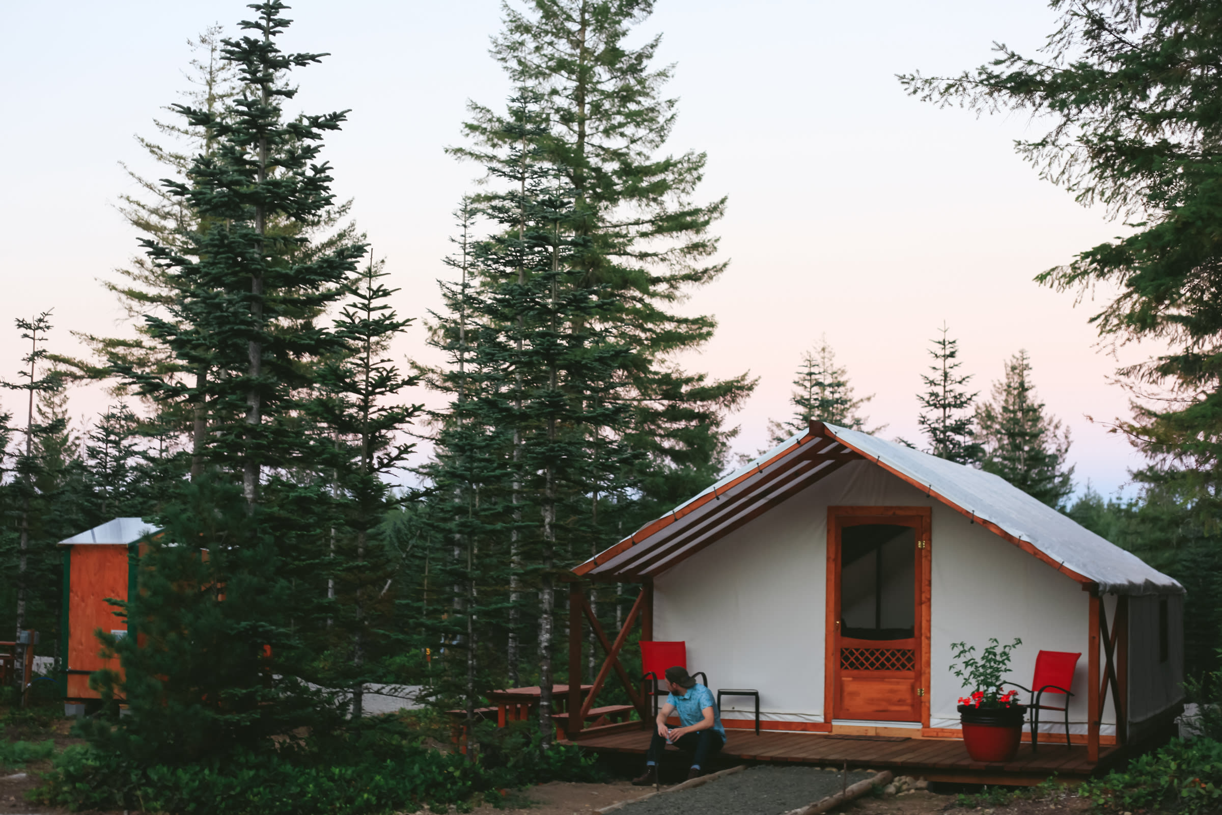 Dusk in August looking East over Cabin 1. The bathroom is near by and the scene is peaceful and easy :)